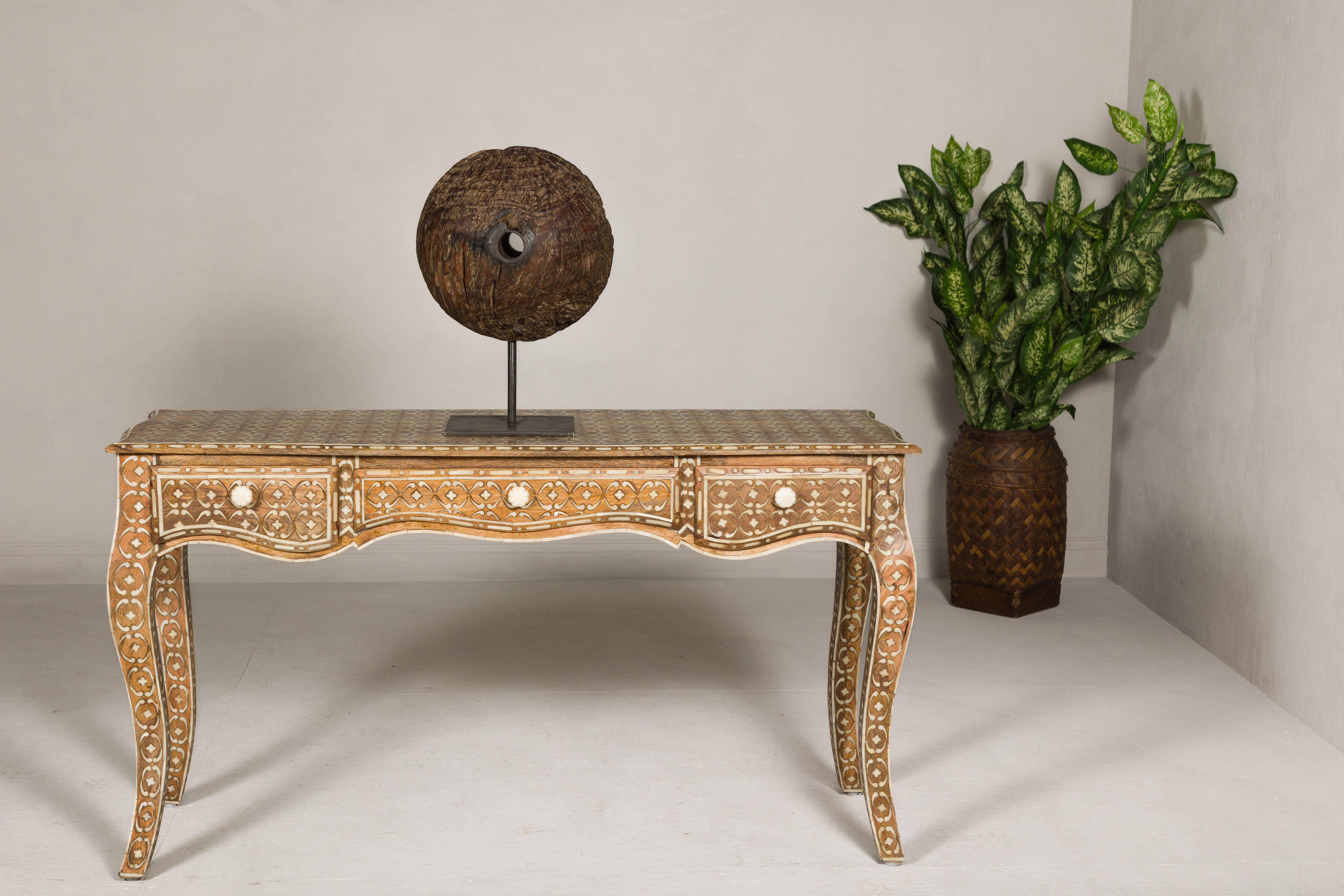 Bone Anglo-Indian Louis XV Style Console Table with Three Drawers and Cabriole Legs For Sale