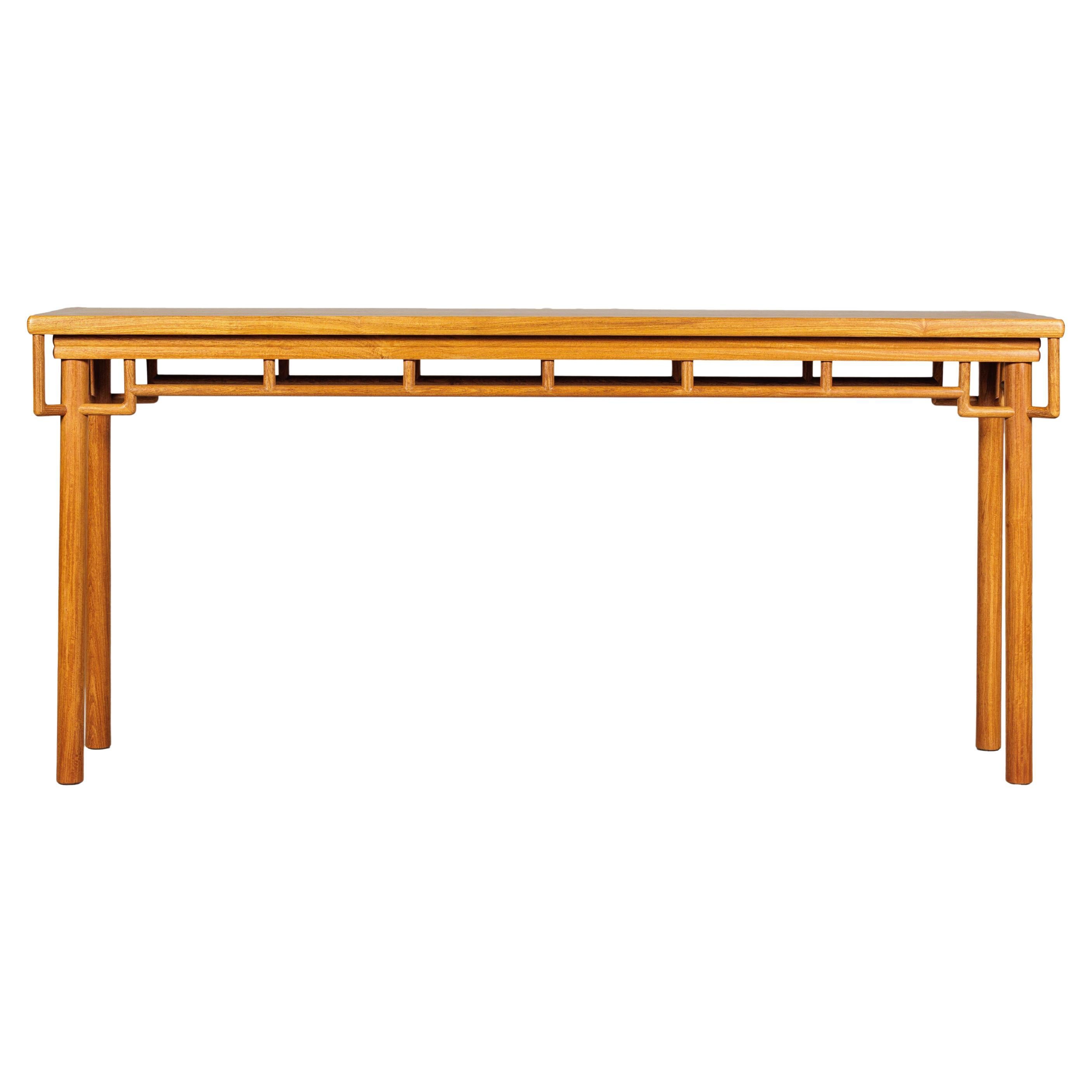 Elm Wood Console Table with Humpback-Form Stretcher and Openwork Details For Sale