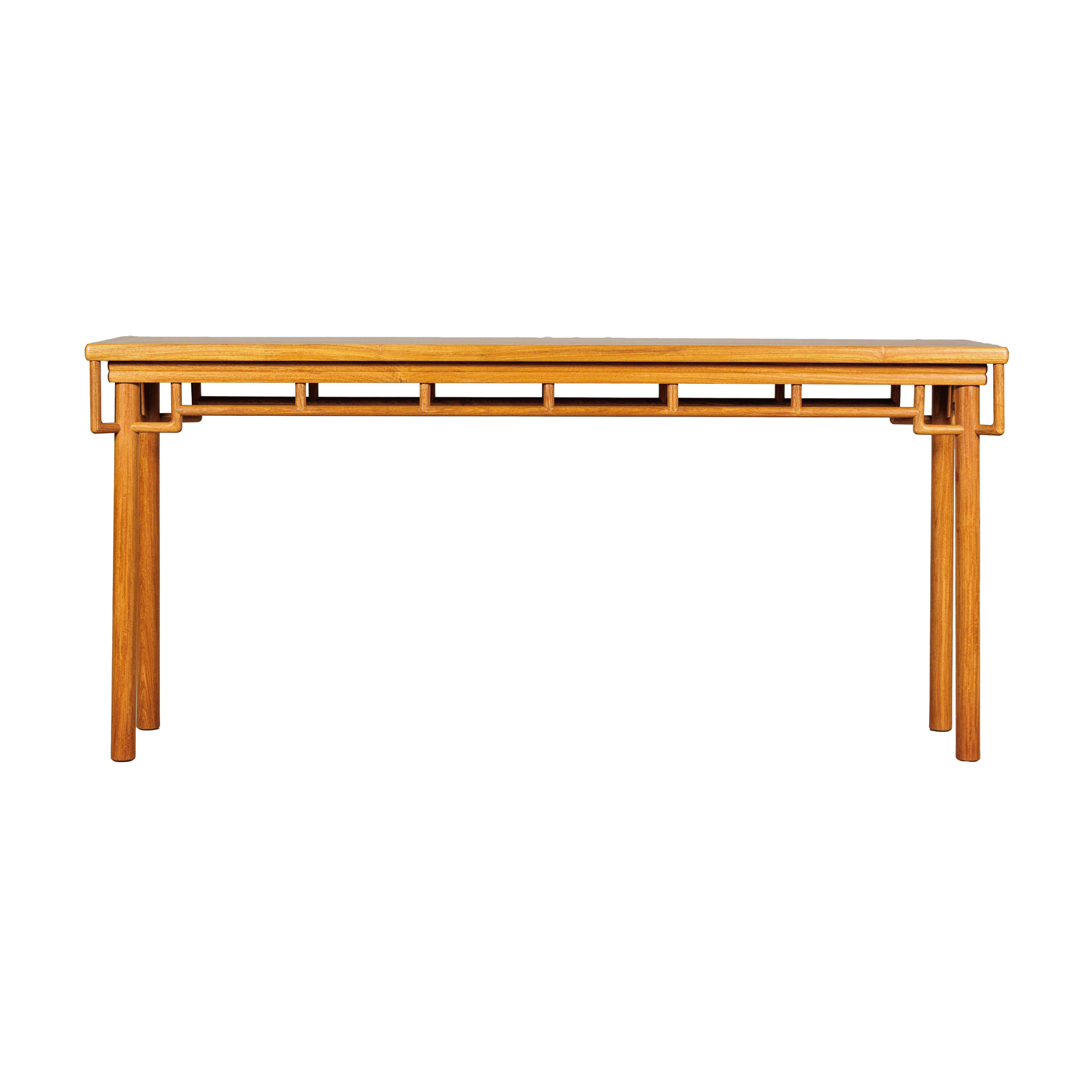 Elm Wood Console Table with Humpback-Form Stretcher and Openwork Details For Sale 11