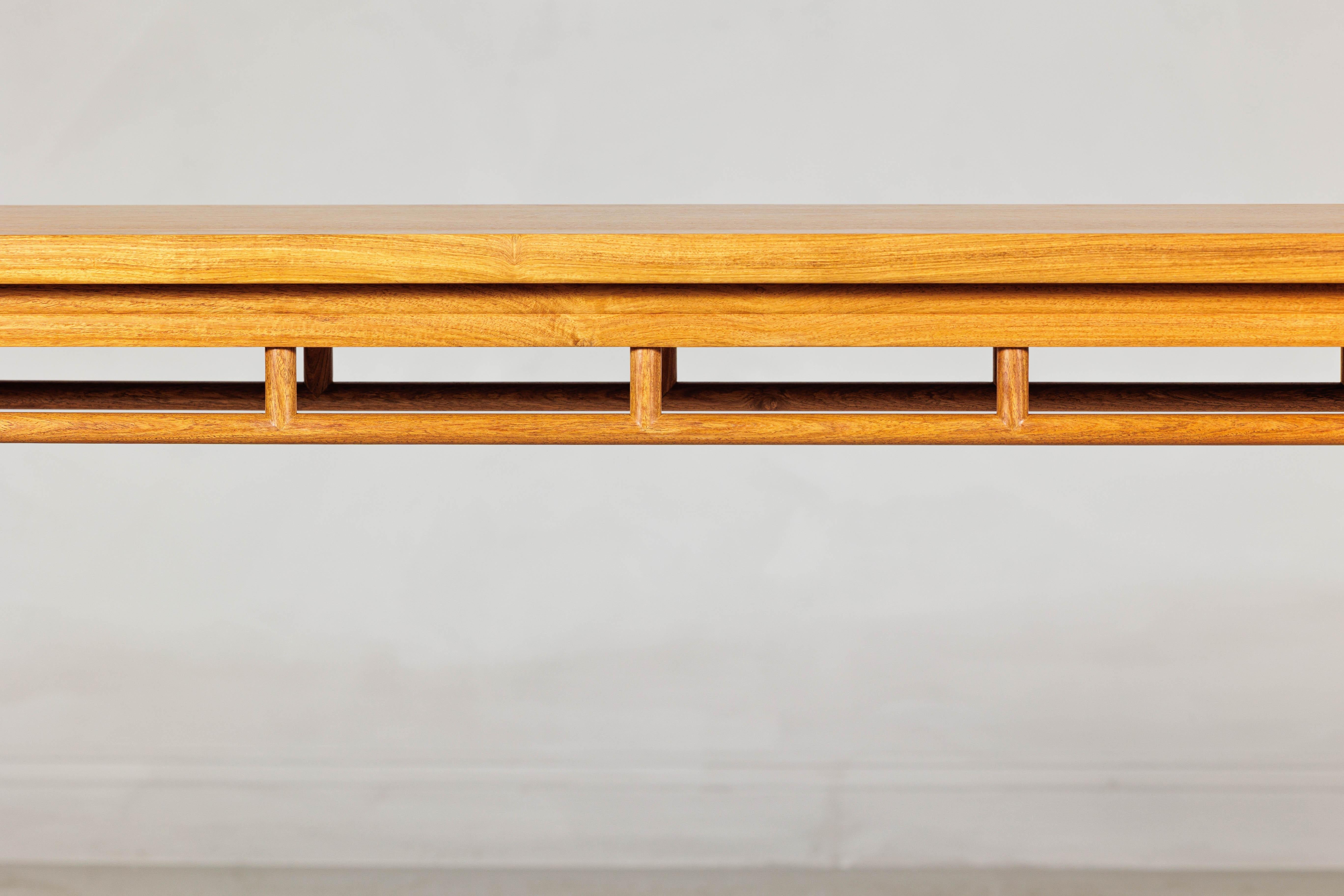 Elm Wood Console Table with Humpback-Form Stretcher and Openwork Details For Sale 1