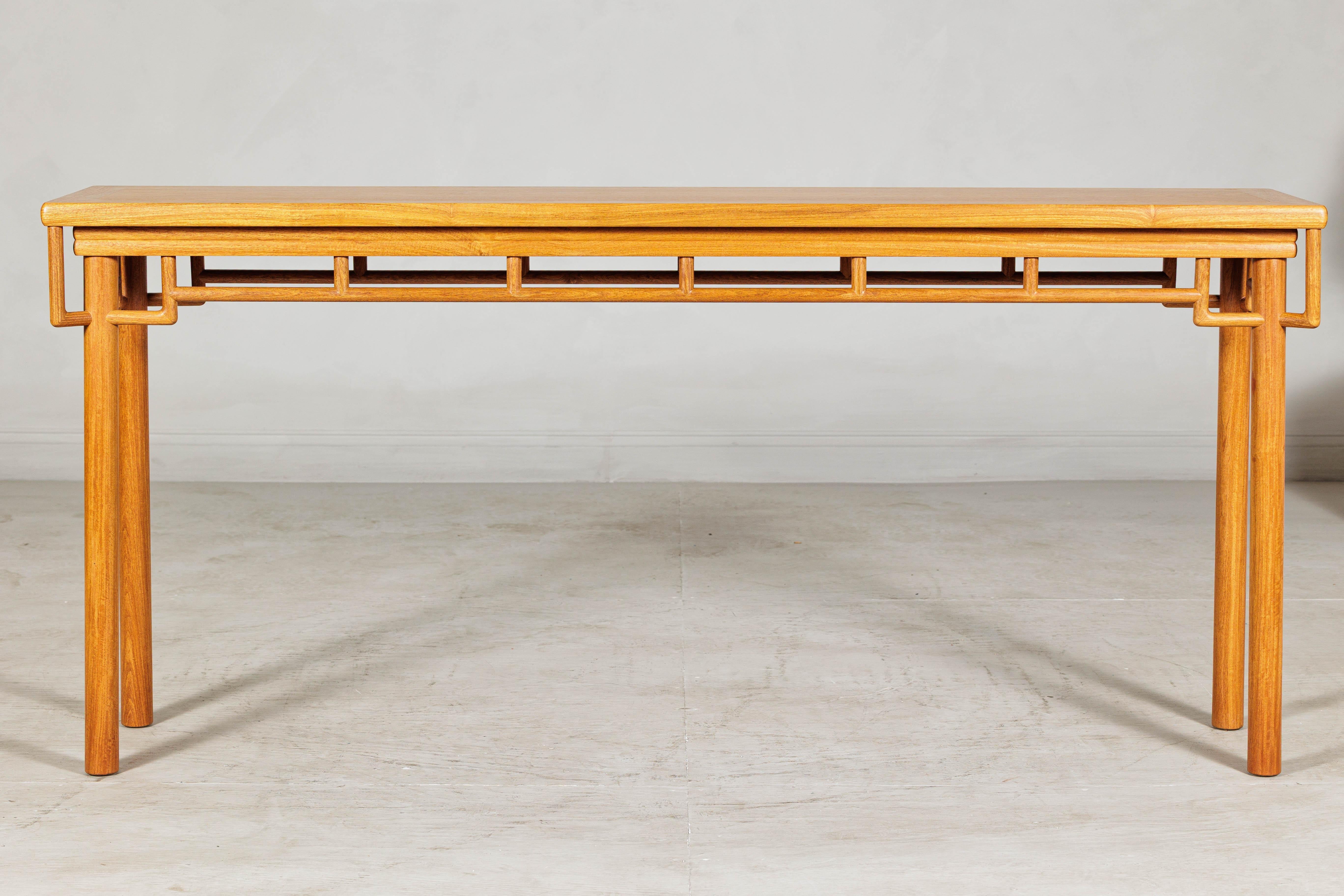 Chinese Elm Wood Console Table with Humpback-Form Stretcher and Openwork Details For Sale