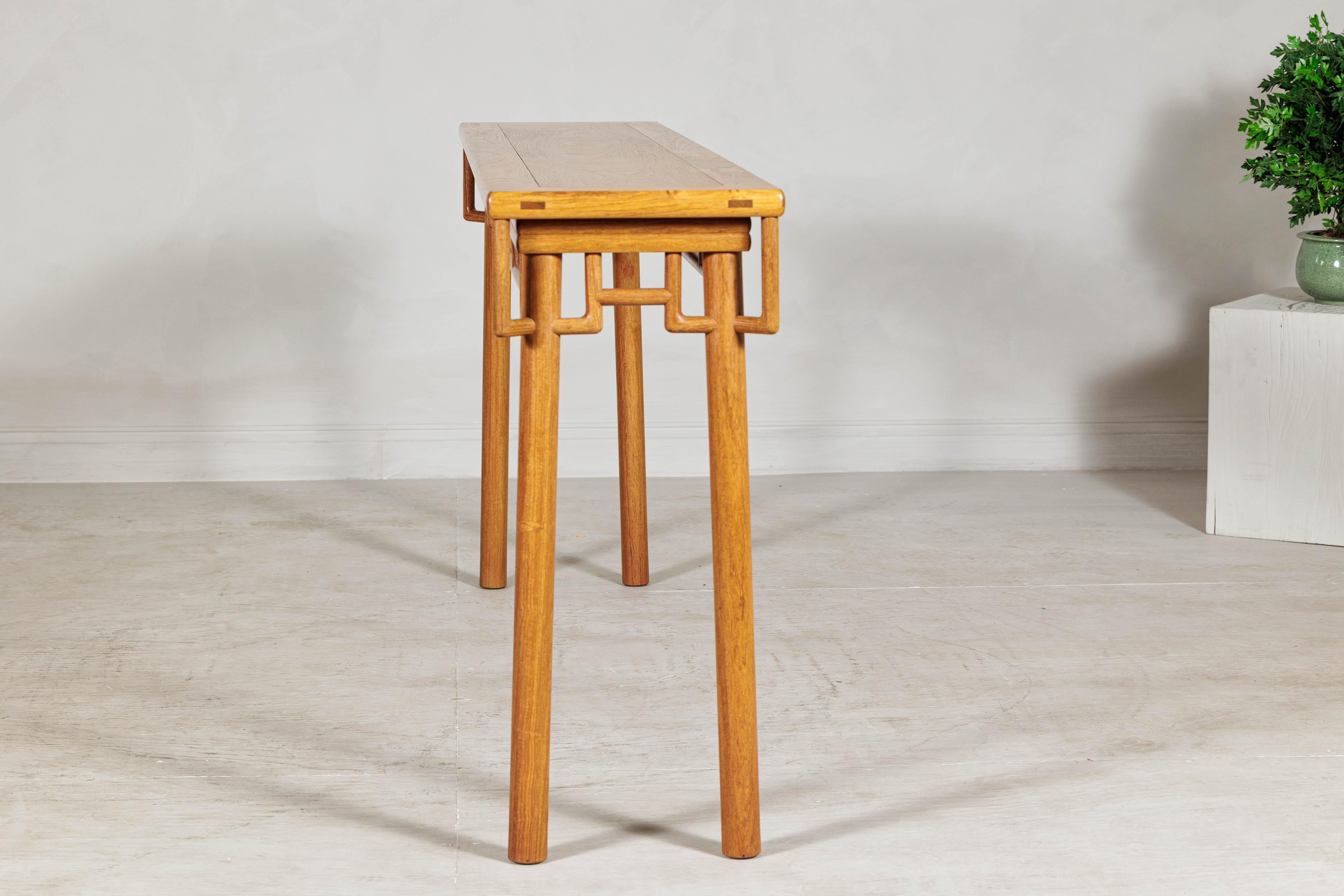 Elm Wood Console Table with Humpback-Form Stretcher and Openwork Details For Sale 6