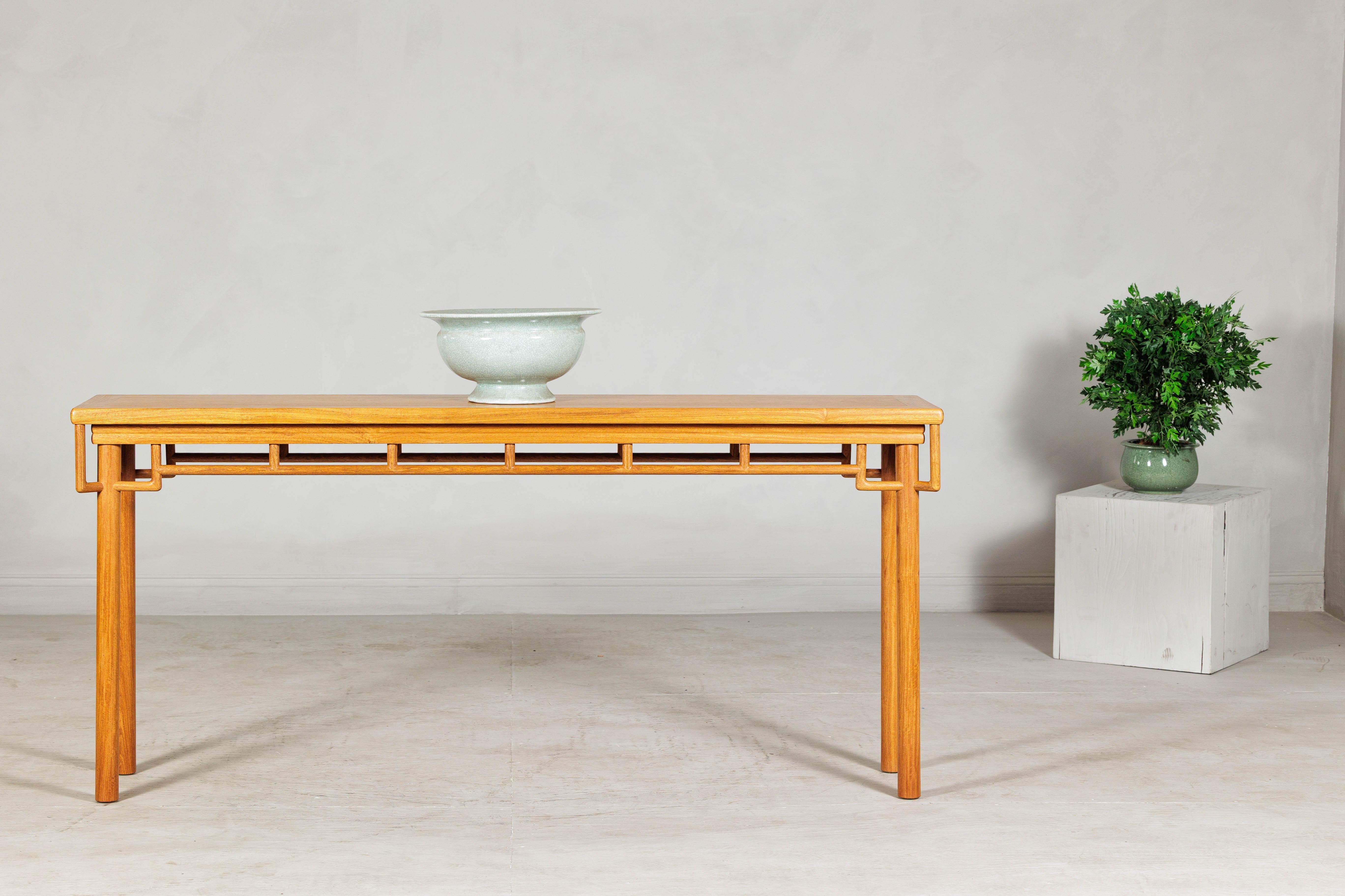 Elm Wood Console Table with Humpback-Form Stretcher and Openwork Details For Sale 3