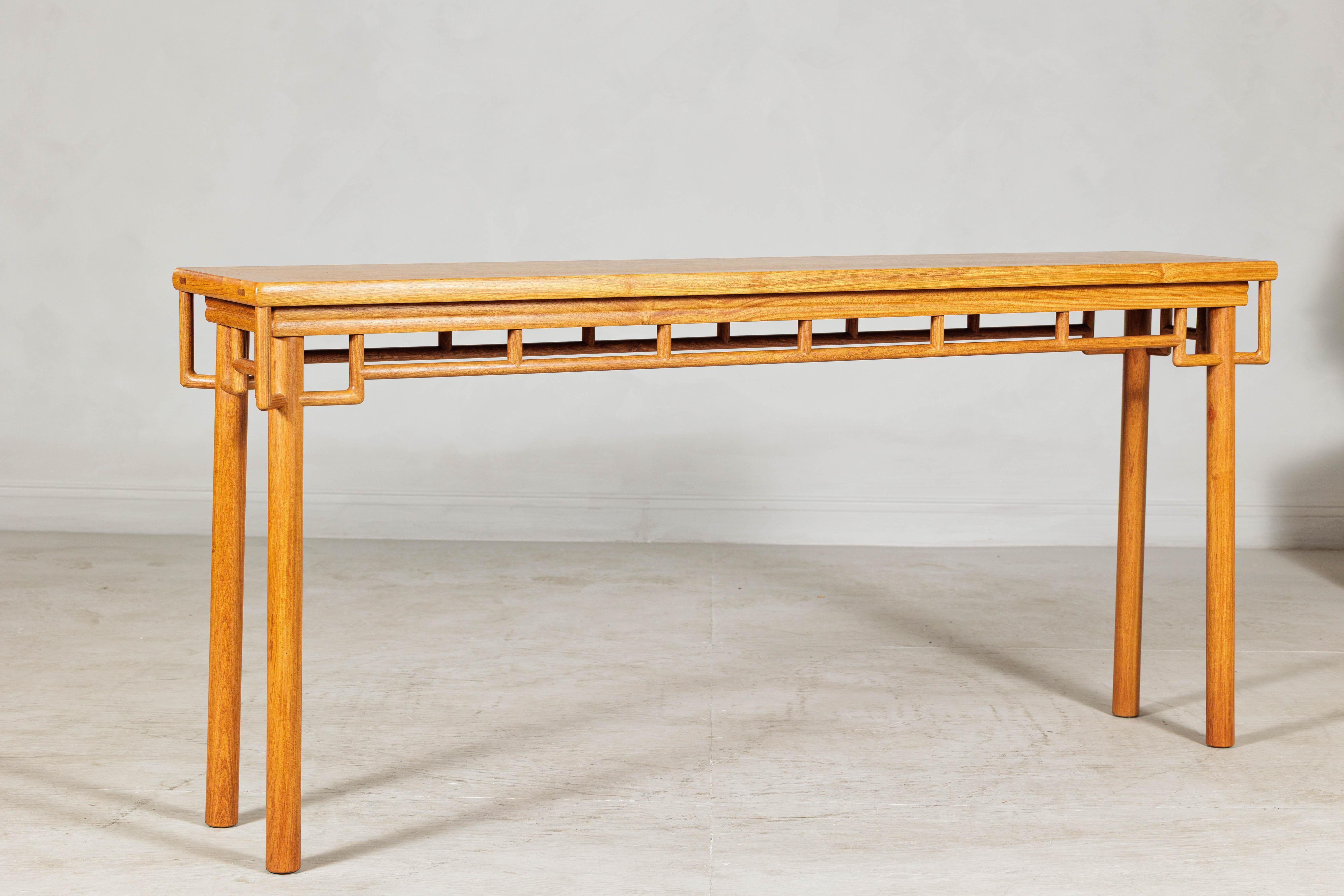Elm Wood Console Table with Humpback-Form Stretcher and Openwork Details For Sale 4