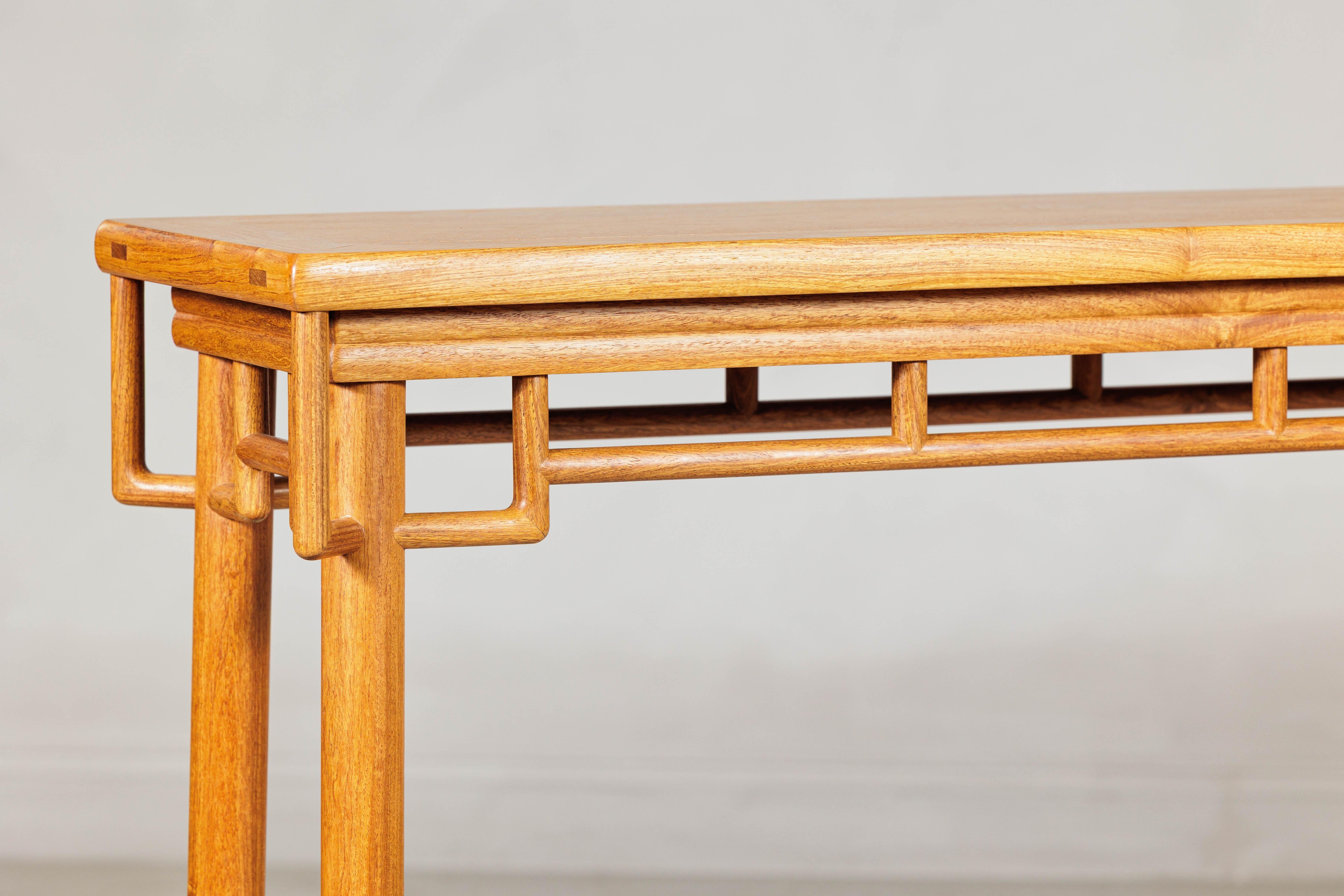 Elm Wood Console Table with Humpback-Form Stretcher and Openwork Details For Sale 5