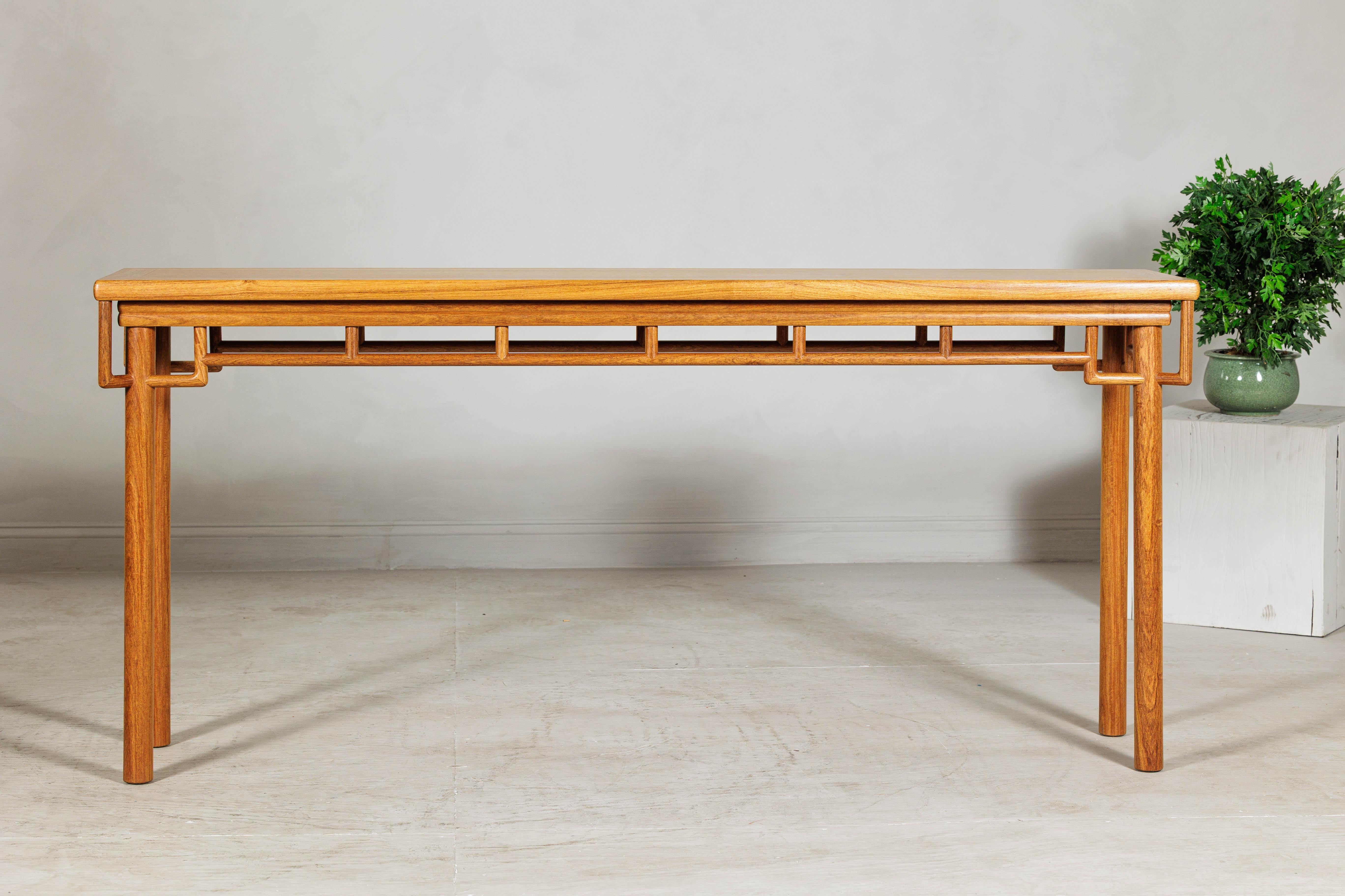 Elm Wood Console Table with Humpback-Form Stretcher and Openwork Details For Sale 7