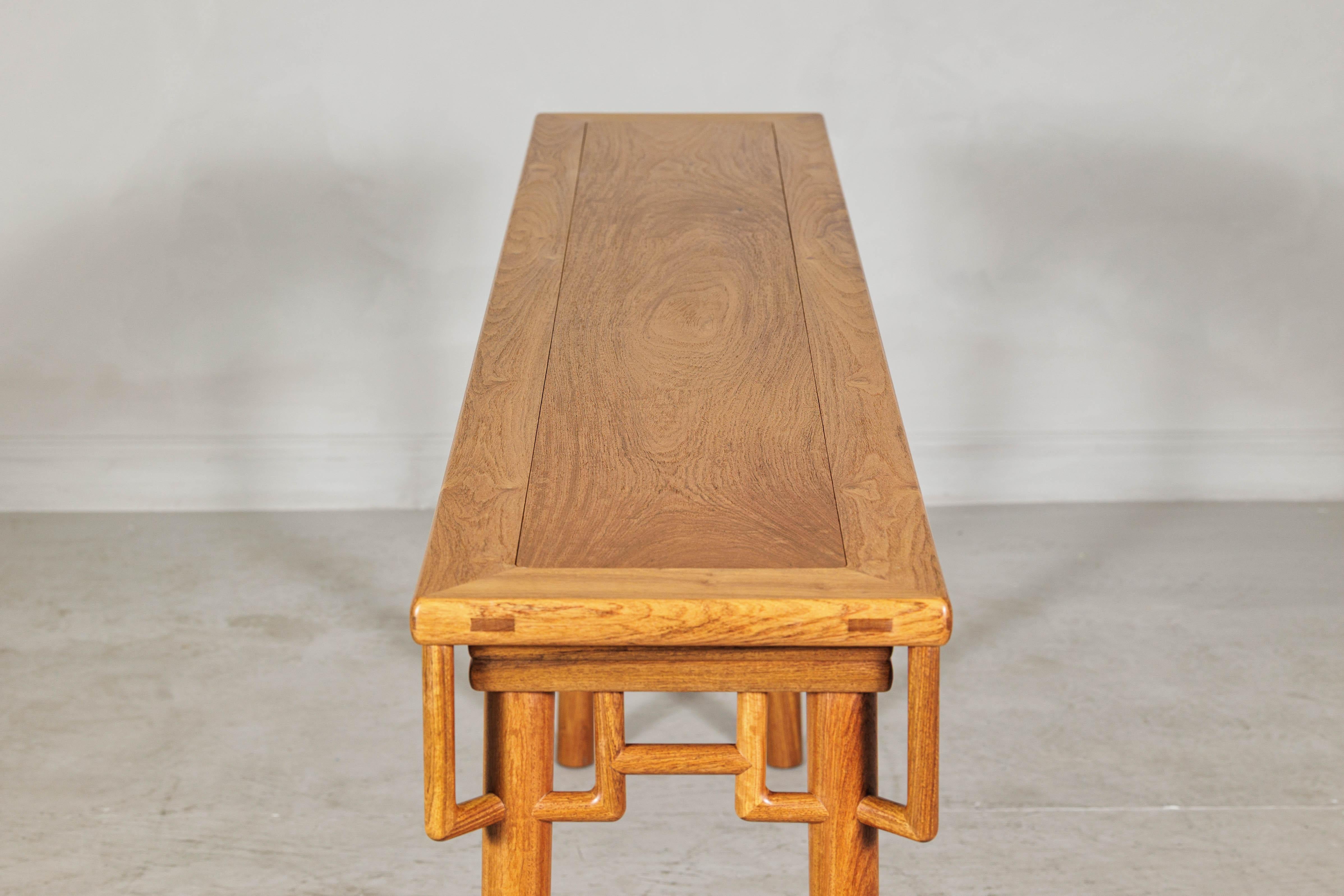 Elm Wood Console Table with Humpback-Form Stretcher and Openwork Details For Sale 9
