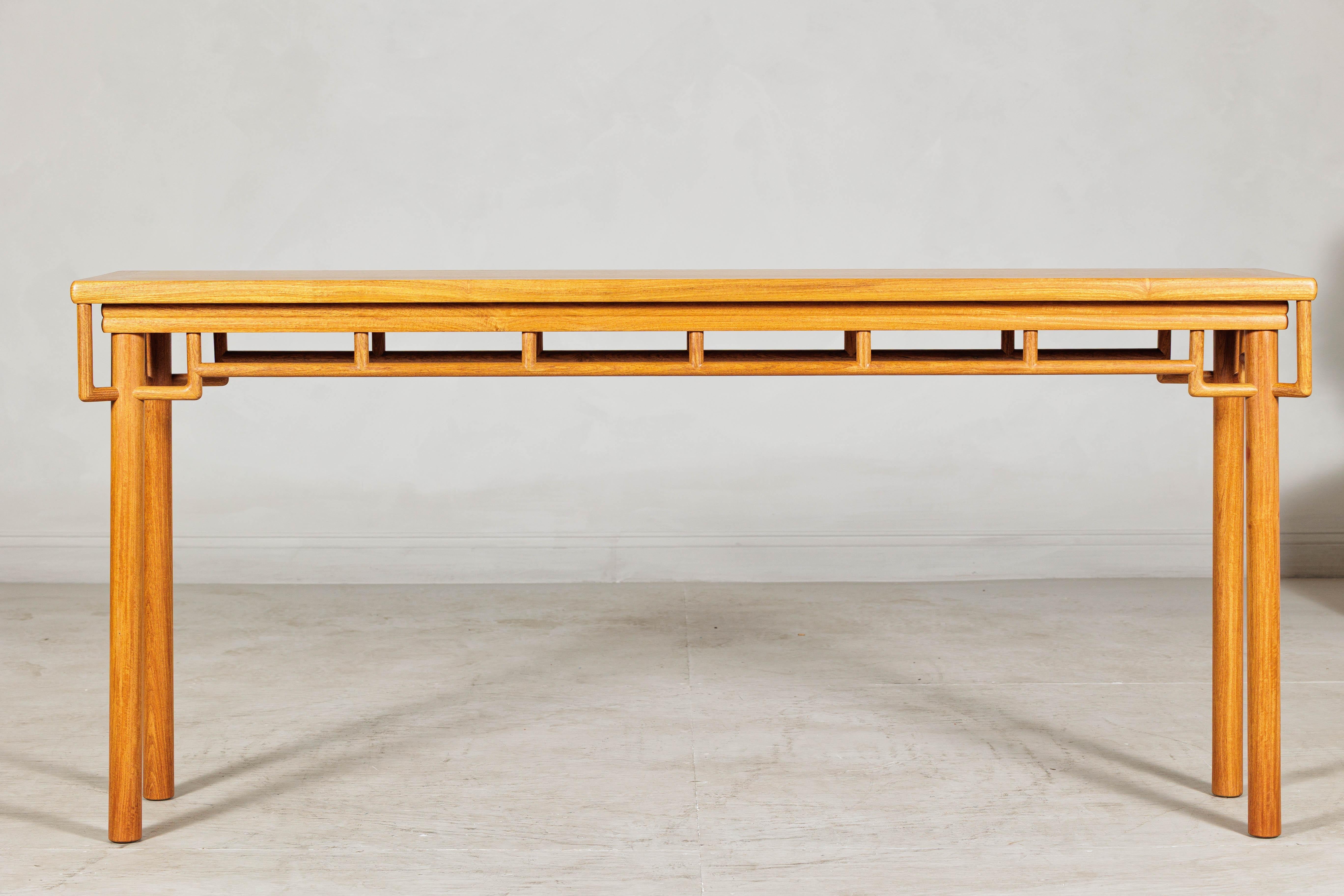 Elm Wood Console Table with Humpback-Form Stretcher and Openwork Details For Sale 10
