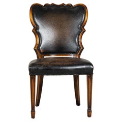 Black Leather Desk Chair with Carved Frame and Nailhead Trim