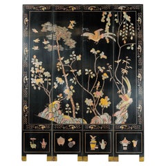 Four-Panel Black Lacquer Screen with Birds, Blossoms, and Brass Feet