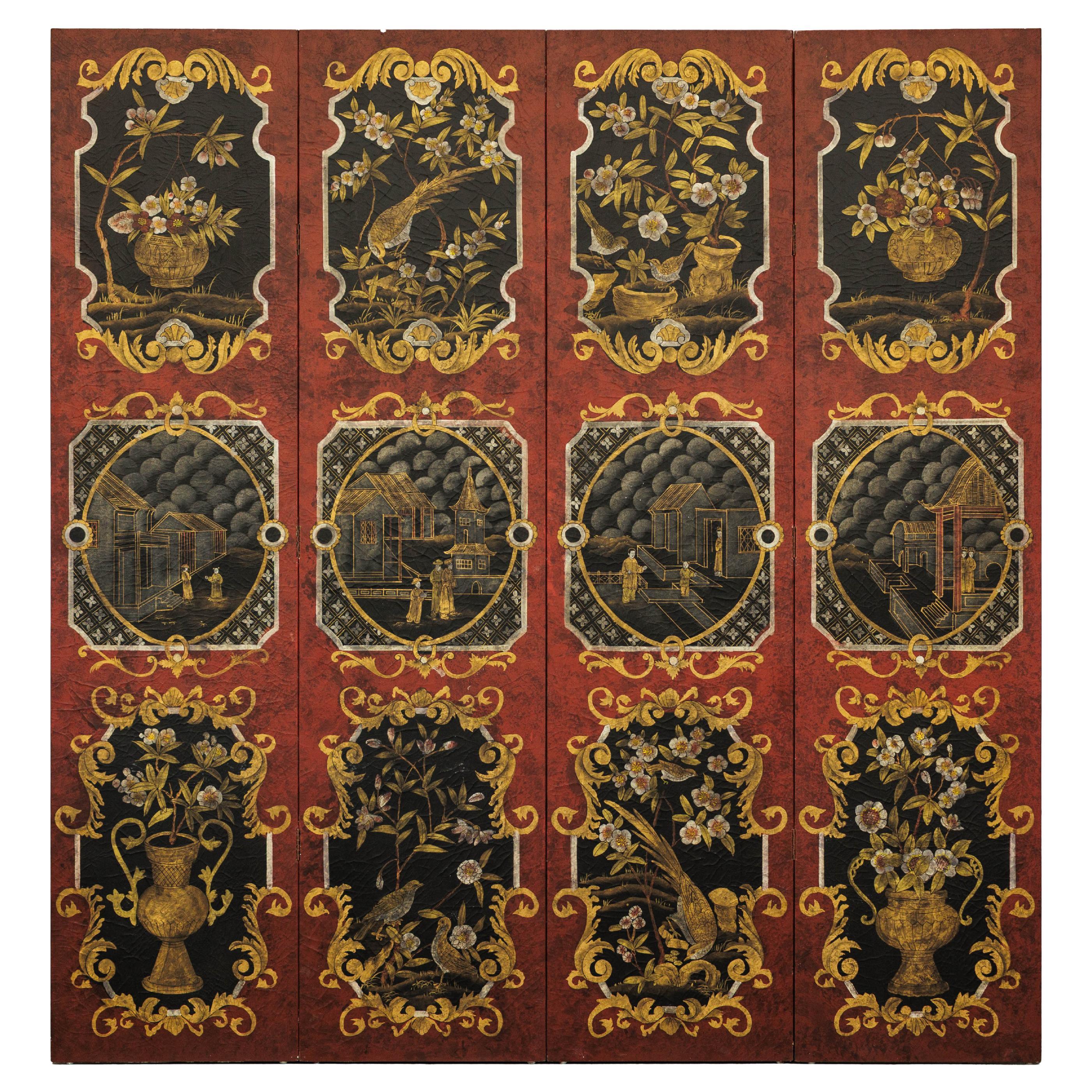 Four-Panel Cinnabar Red and Black Lacquered Screen with Gilt Chinoiserie Motifs For Sale