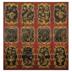 Four-Panel Cinnabar Red and Black Lacquered Screen with Gilt Chinoiserie Motifs