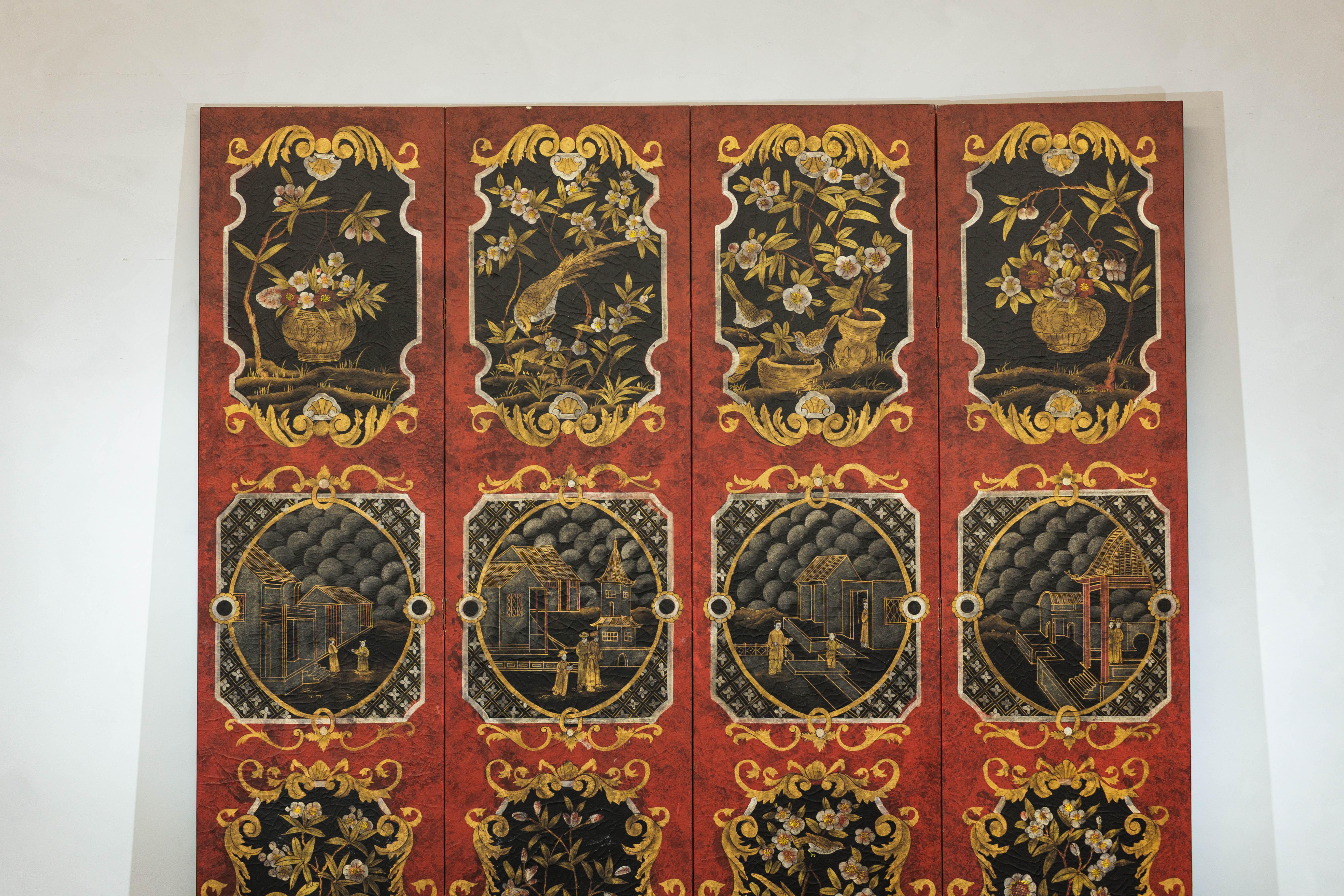 Chinese Four-Panel Cinnabar Red and Black Lacquered Screen with Gilt Chinoiserie Motifs For Sale