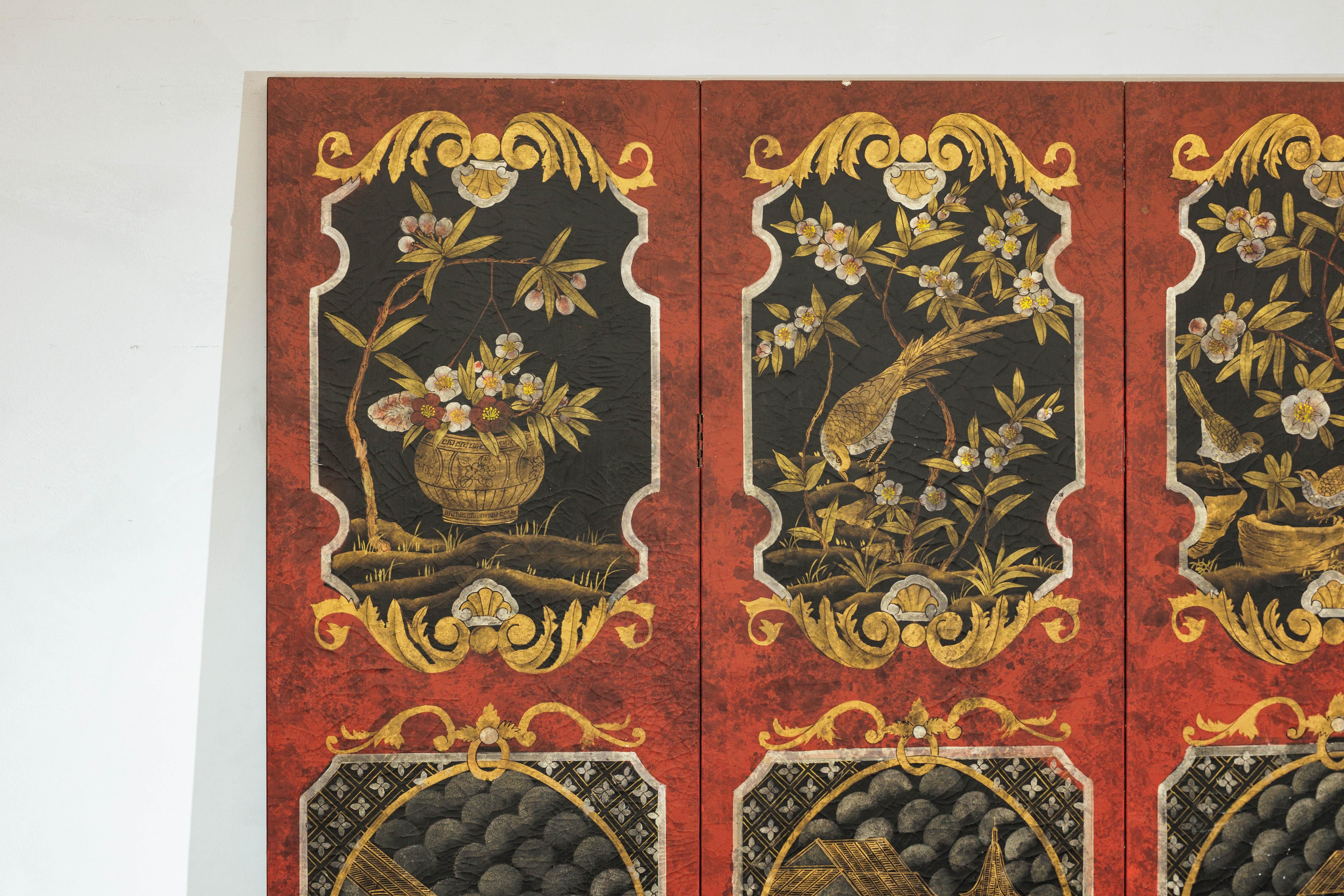 Wood Four-Panel Cinnabar Red and Black Lacquered Screen with Gilt Chinoiserie Motifs For Sale