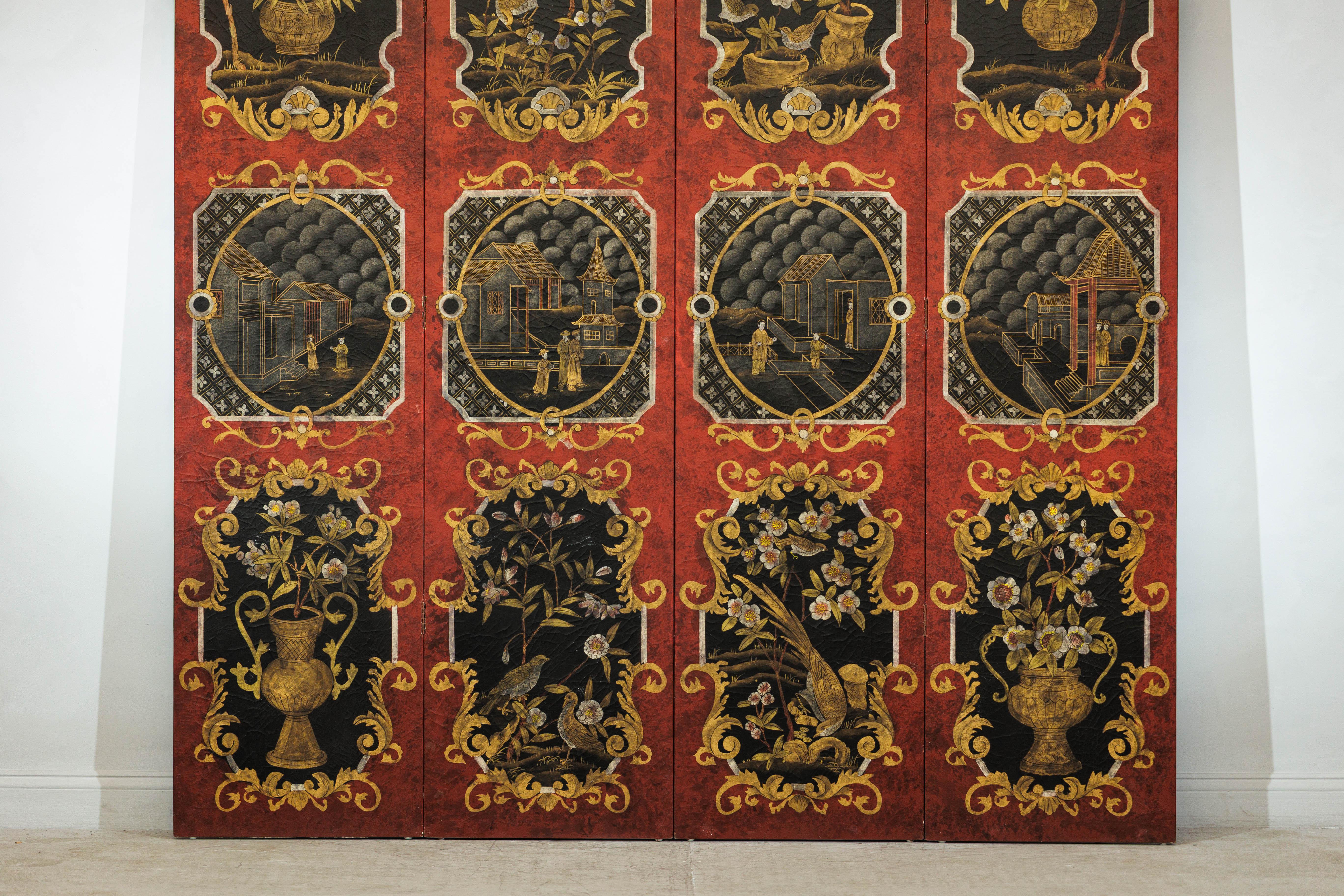 20th Century Four-Panel Cinnabar Red and Black Lacquered Screen with Gilt Chinoiserie Motifs For Sale