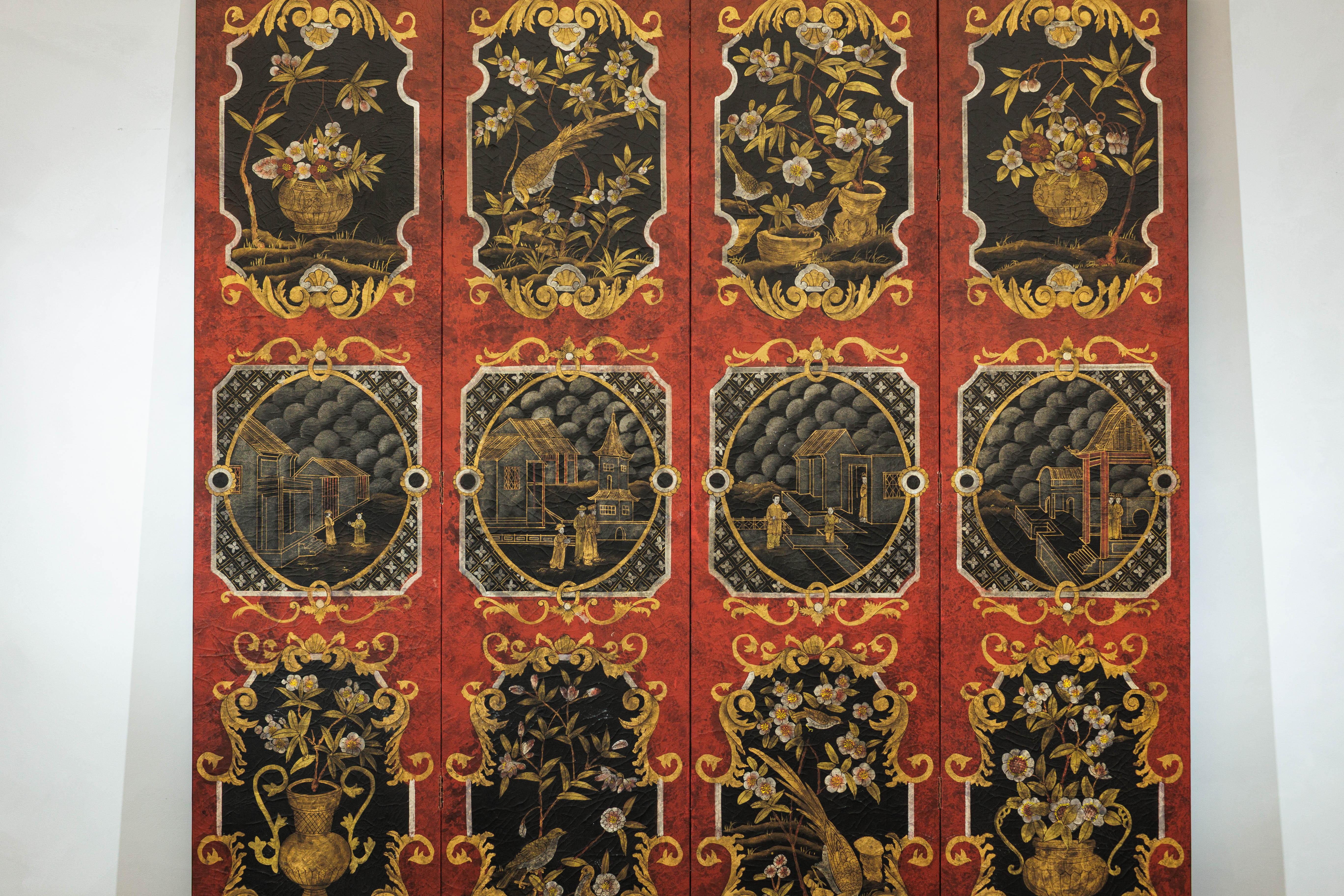 Four-Panel Cinnabar Red and Black Lacquered Screen with Gilt Chinoiserie Motifs In Good Condition For Sale In Yonkers, NY