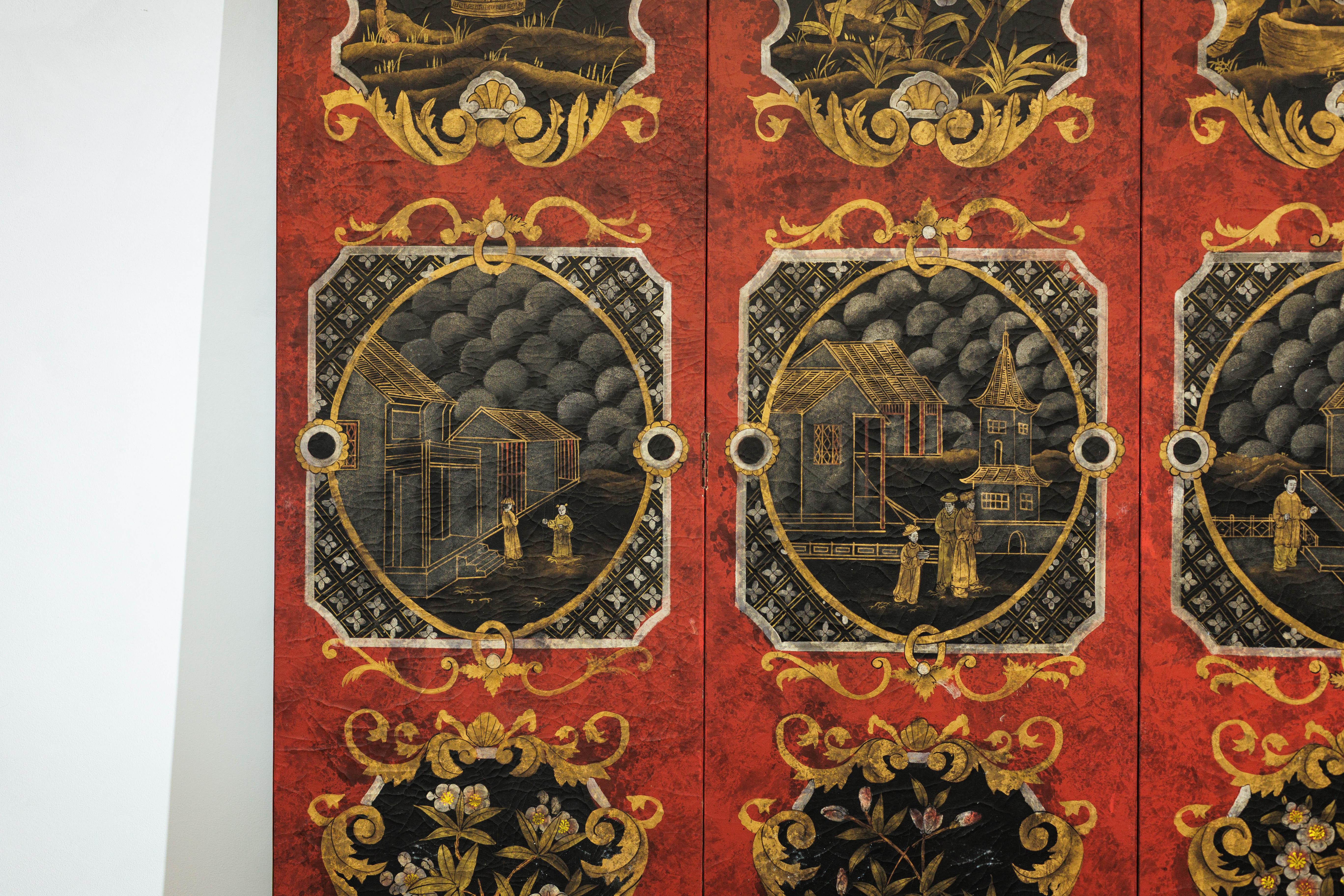 Four-Panel Cinnabar Red and Black Lacquered Screen with Gilt Chinoiserie Motifs For Sale 1
