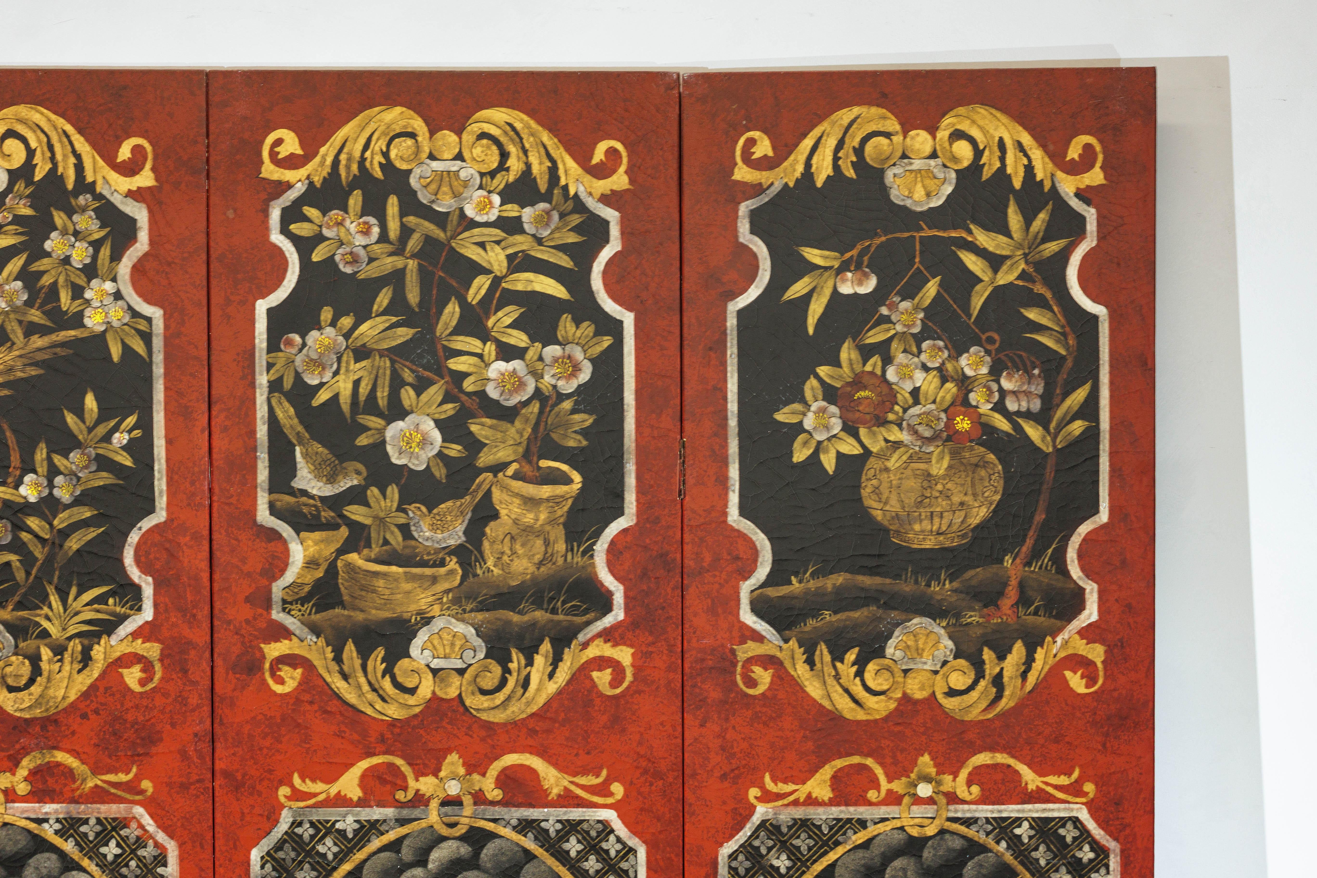 Four-Panel Cinnabar Red and Black Lacquered Screen with Gilt Chinoiserie Motifs For Sale 3