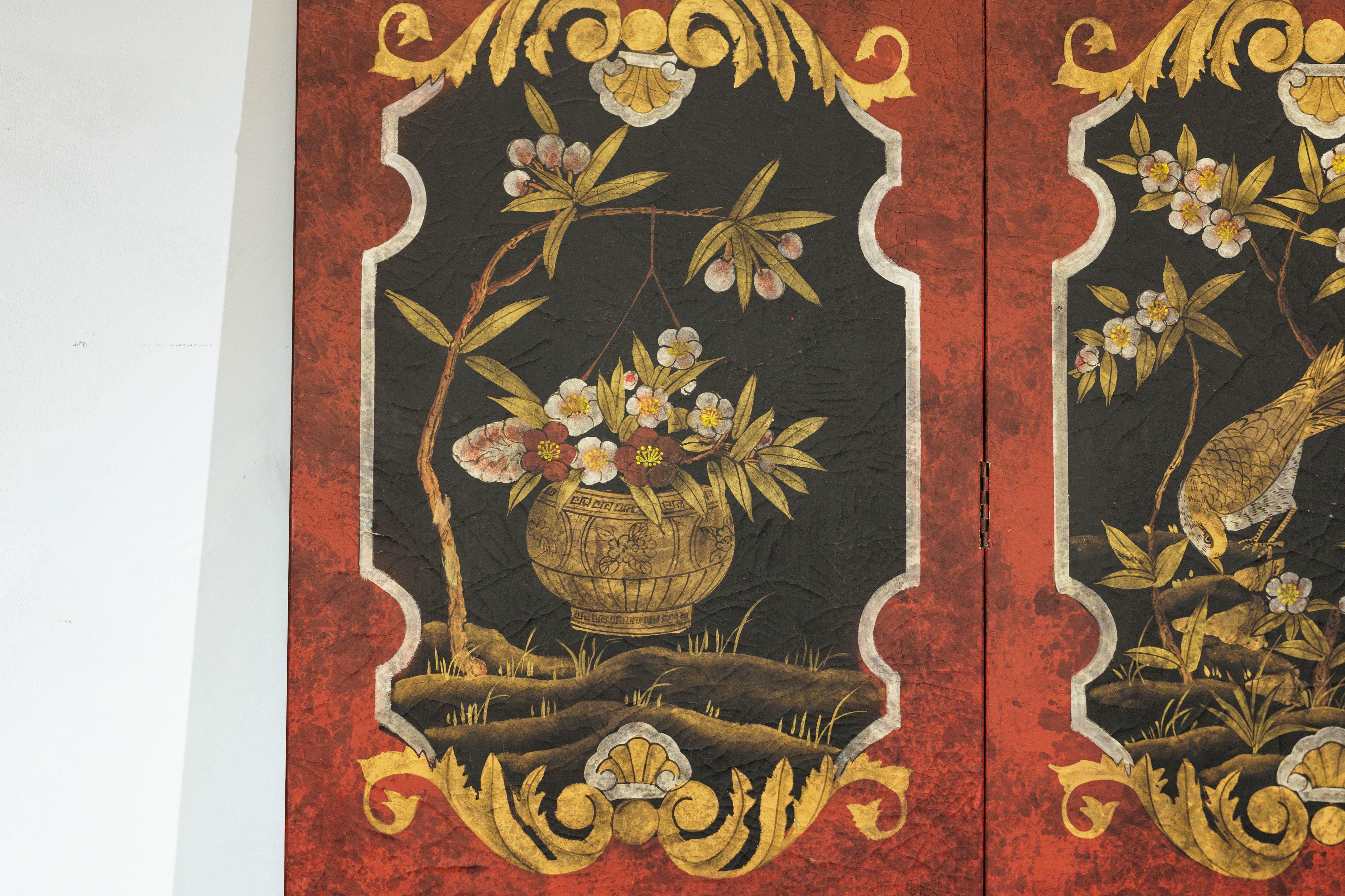 Four-Panel Cinnabar Red and Black Lacquered Screen with Gilt Chinoiserie Motifs For Sale 6