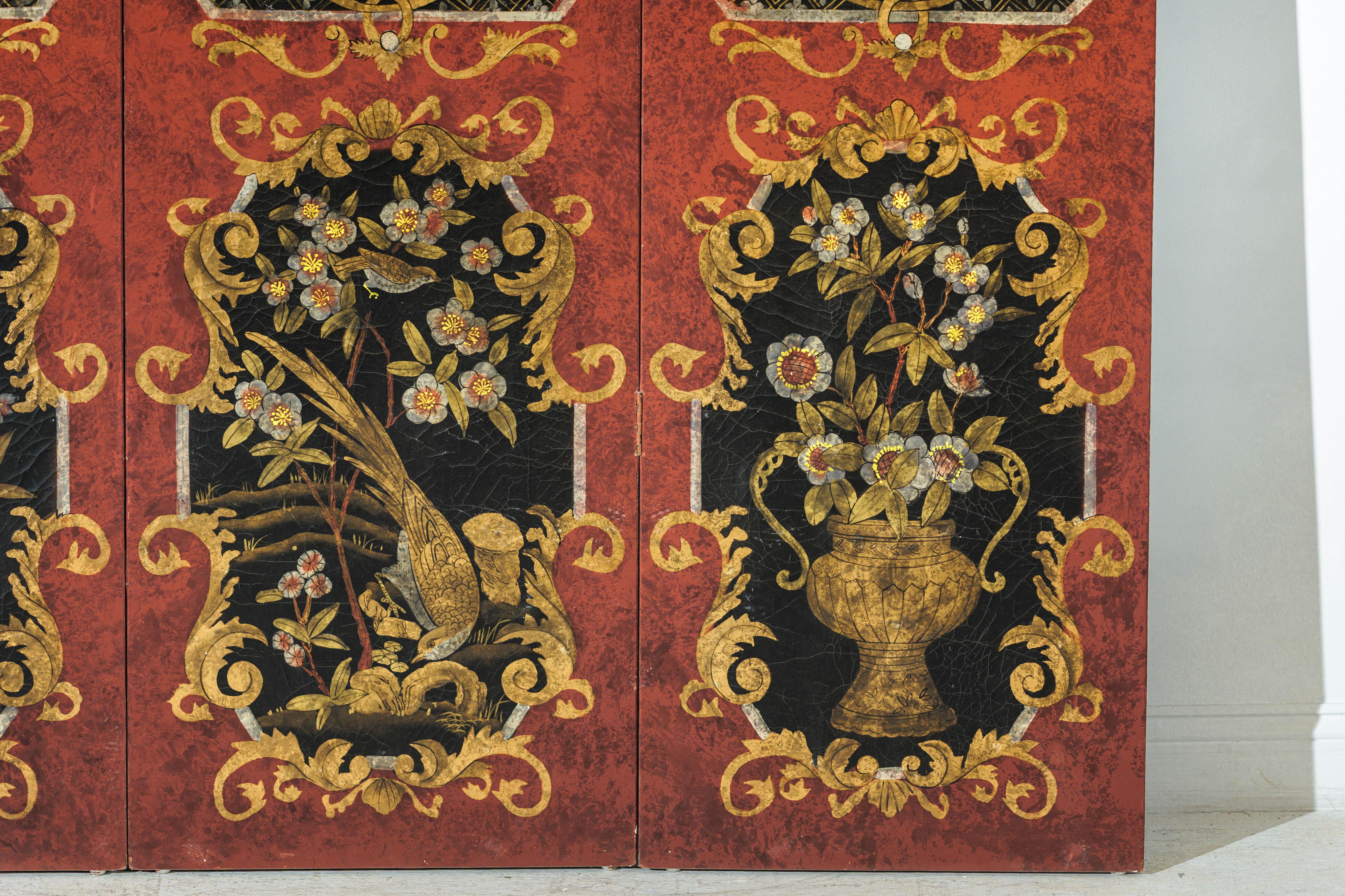 Four-Panel Cinnabar Red and Black Lacquered Screen with Gilt Chinoiserie Motifs For Sale 5