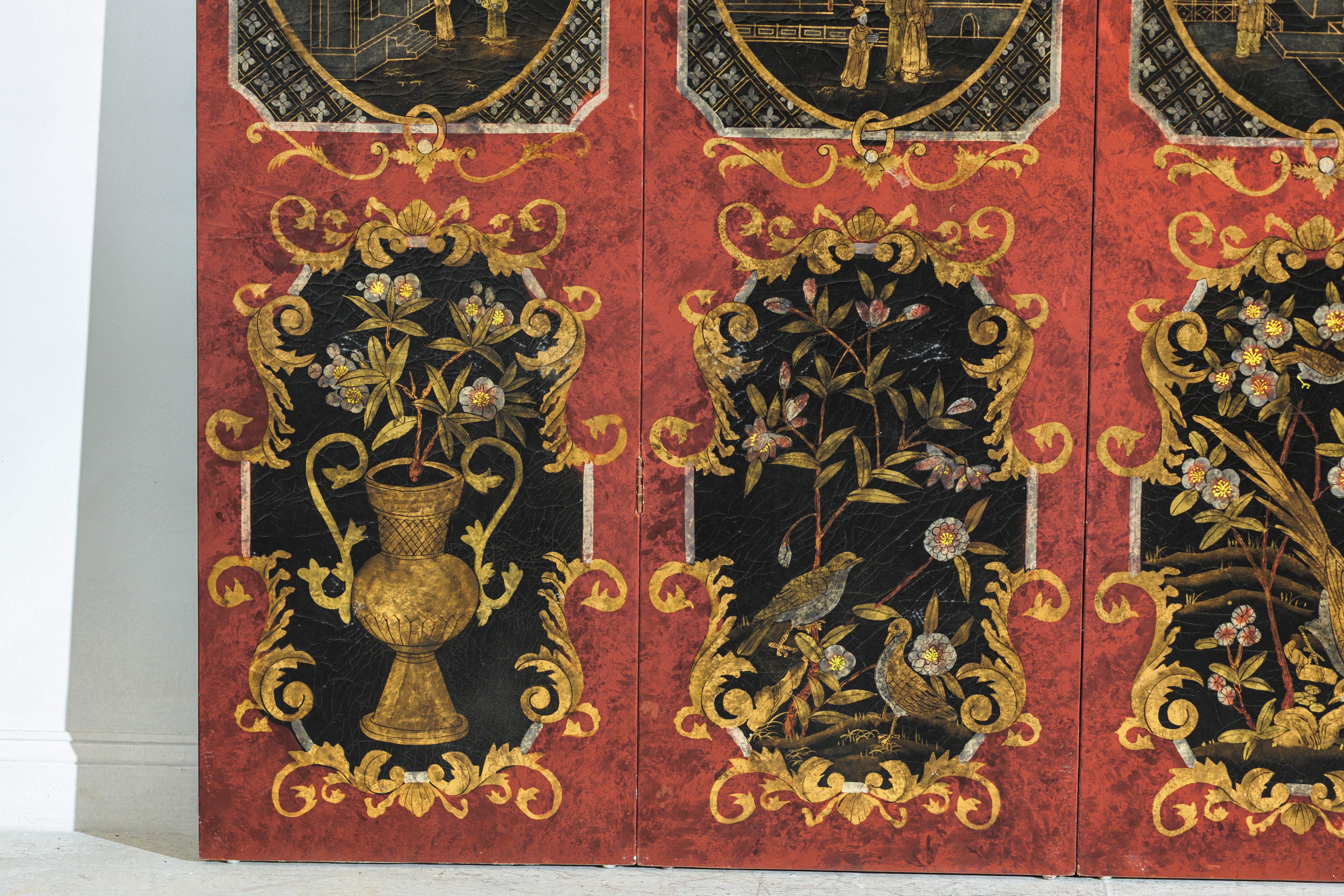 Four-Panel Cinnabar Red and Black Lacquered Screen with Gilt Chinoiserie Motifs For Sale 2
