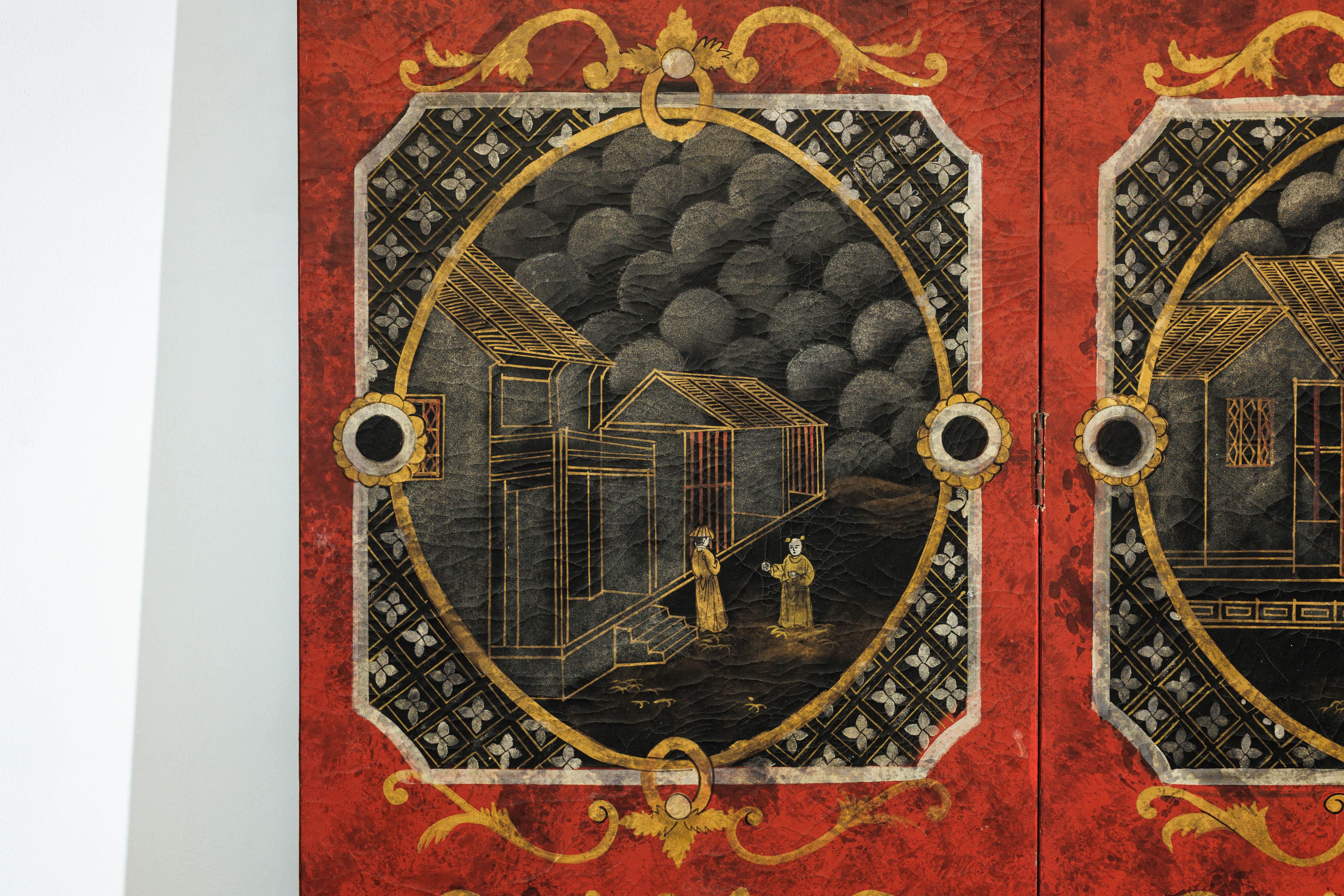 Four-Panel Cinnabar Red and Black Lacquered Screen with Gilt Chinoiserie Motifs For Sale 7