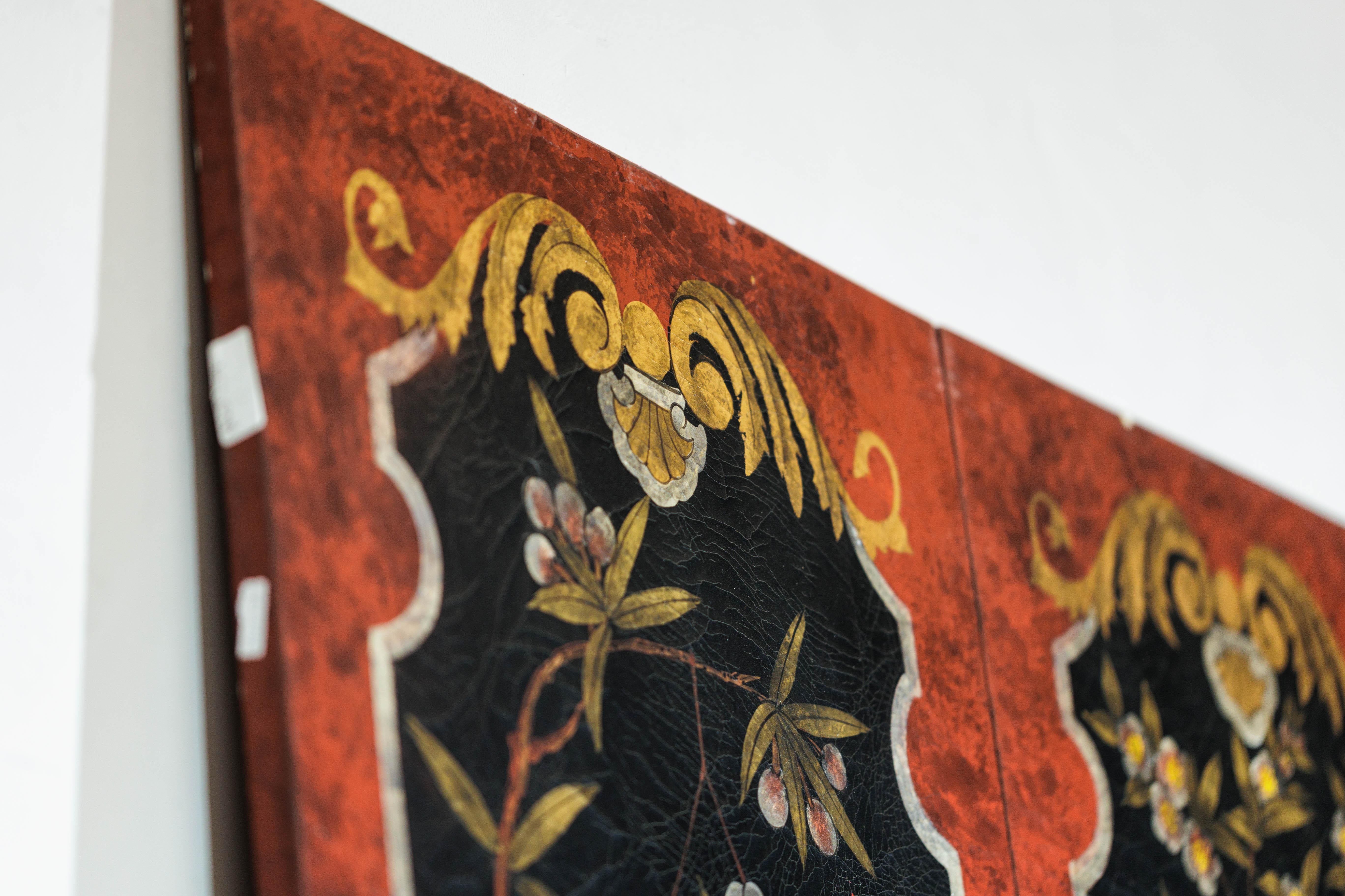 Four-Panel Cinnabar Red and Black Lacquered Screen with Gilt Chinoiserie Motifs For Sale 13