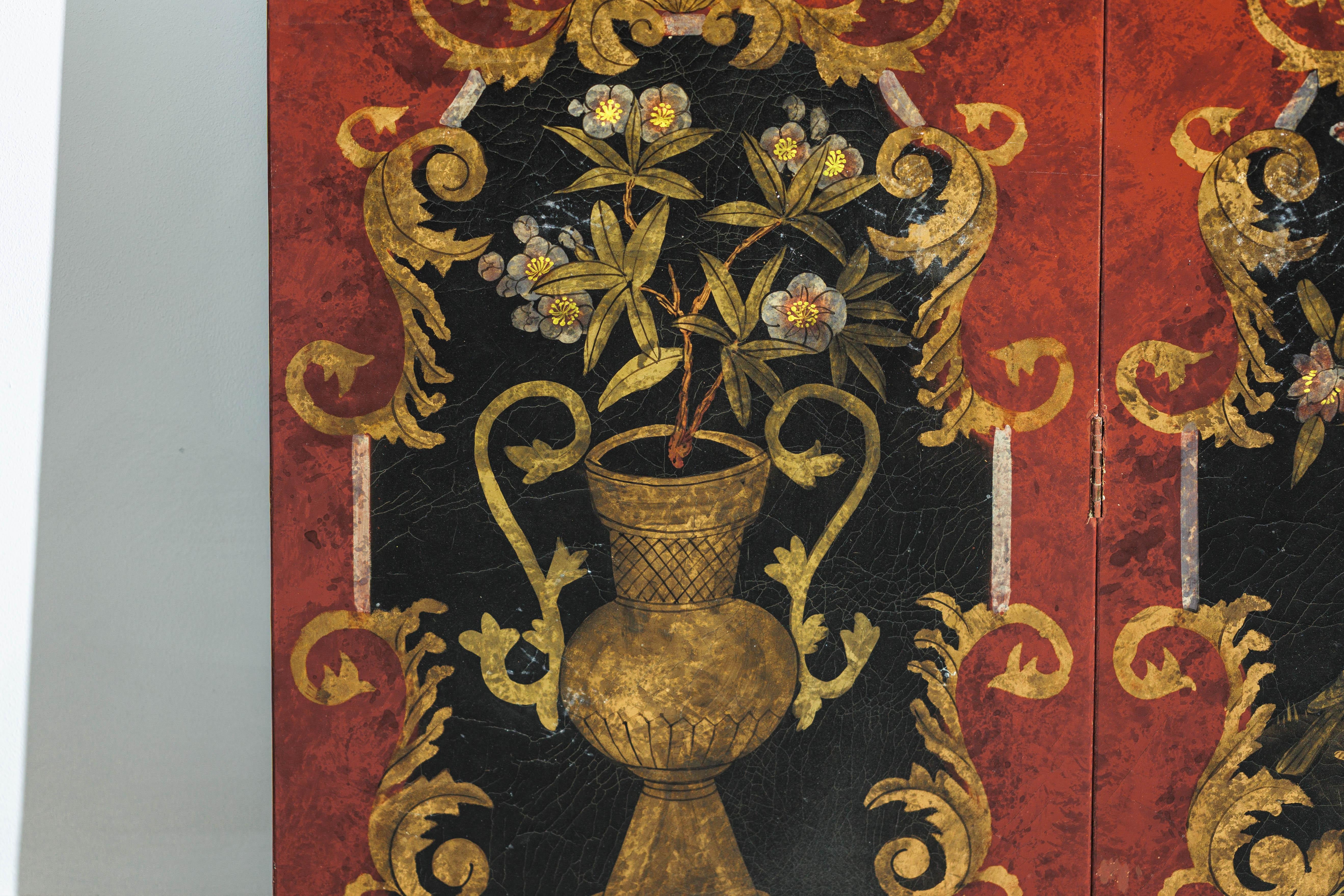 Four-Panel Cinnabar Red and Black Lacquered Screen with Gilt Chinoiserie Motifs For Sale 8