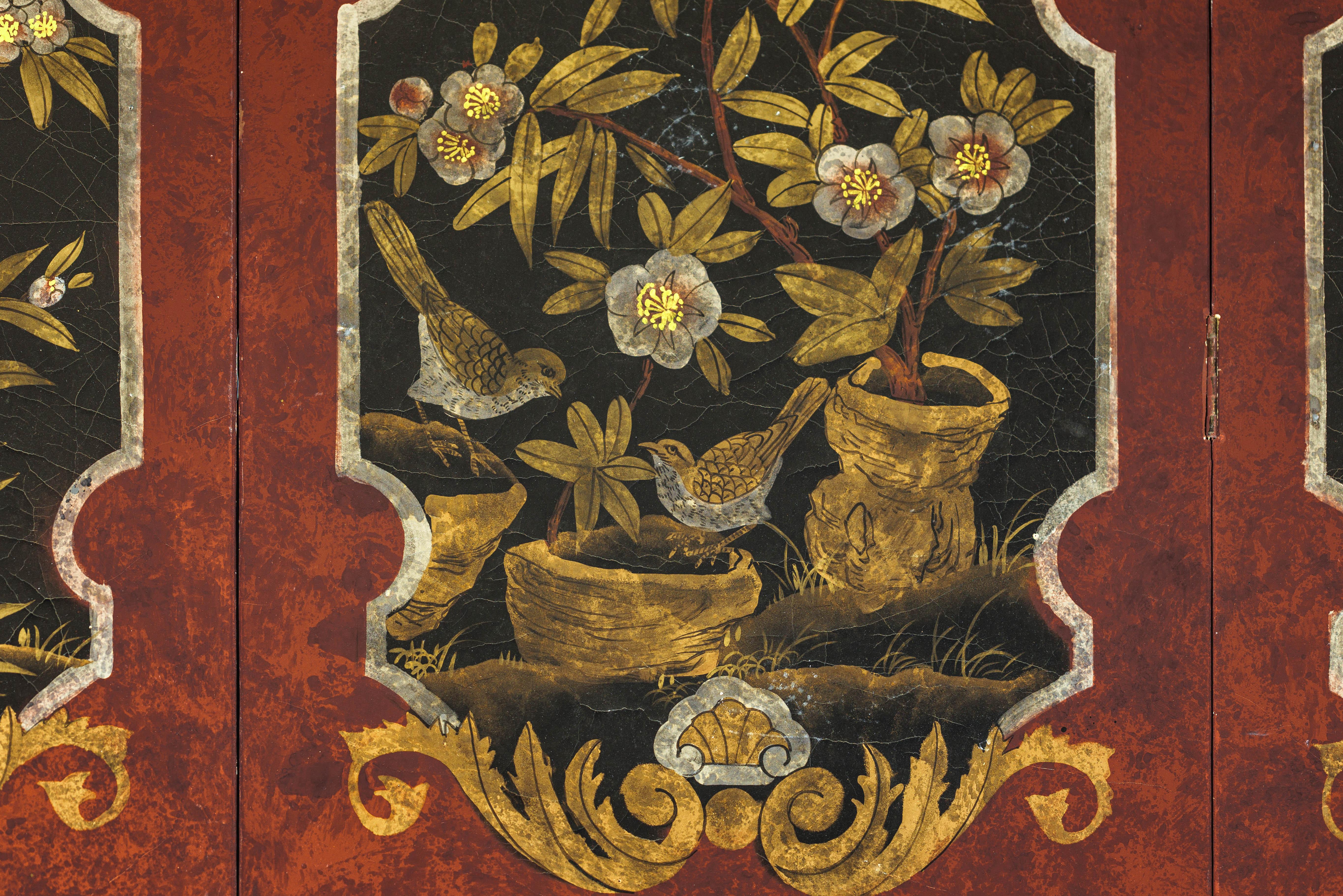 Four-Panel Cinnabar Red and Black Lacquered Screen with Gilt Chinoiserie Motifs For Sale 9