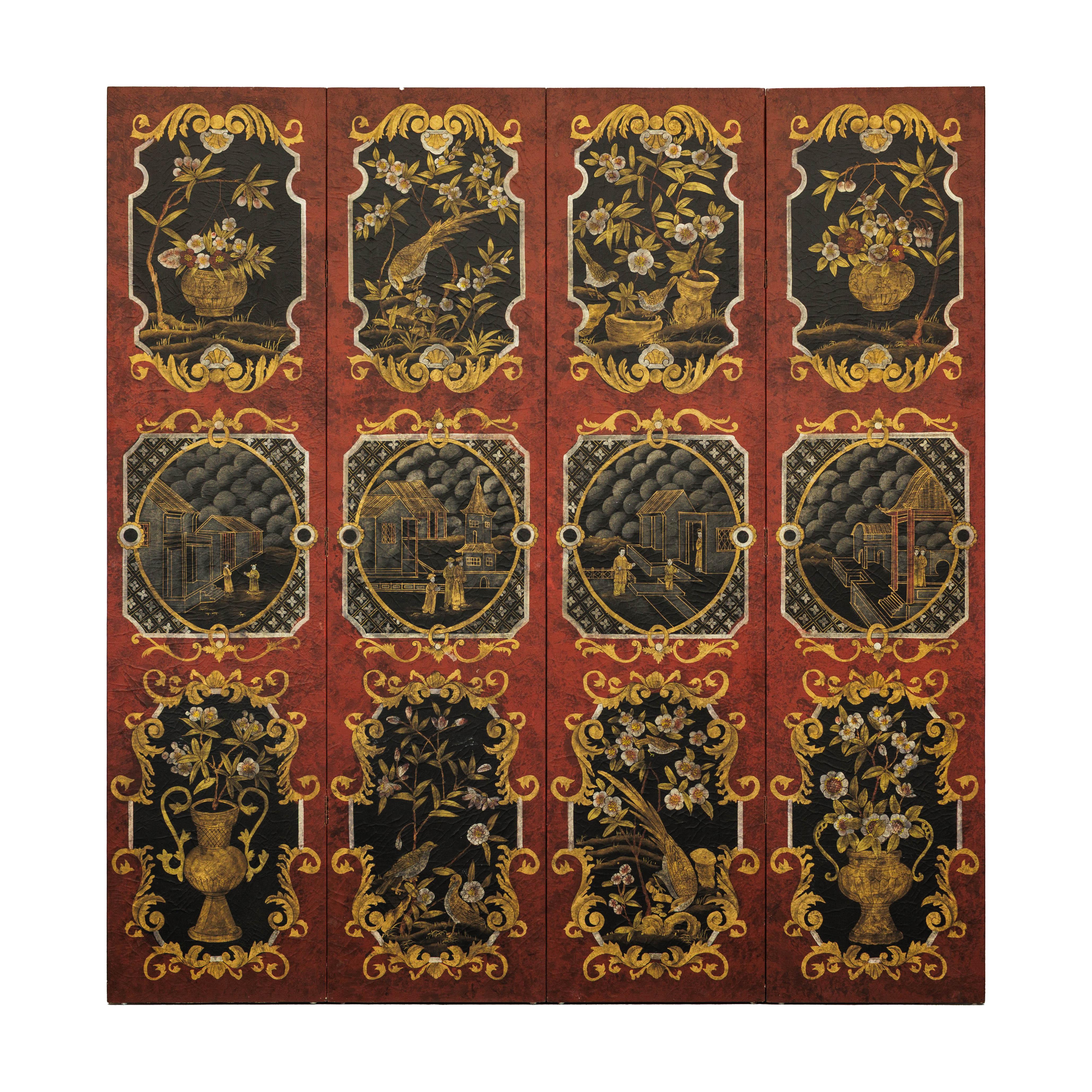 Four-Panel Cinnabar Red and Black Lacquered Screen with Gilt Chinoiserie Motifs For Sale 14