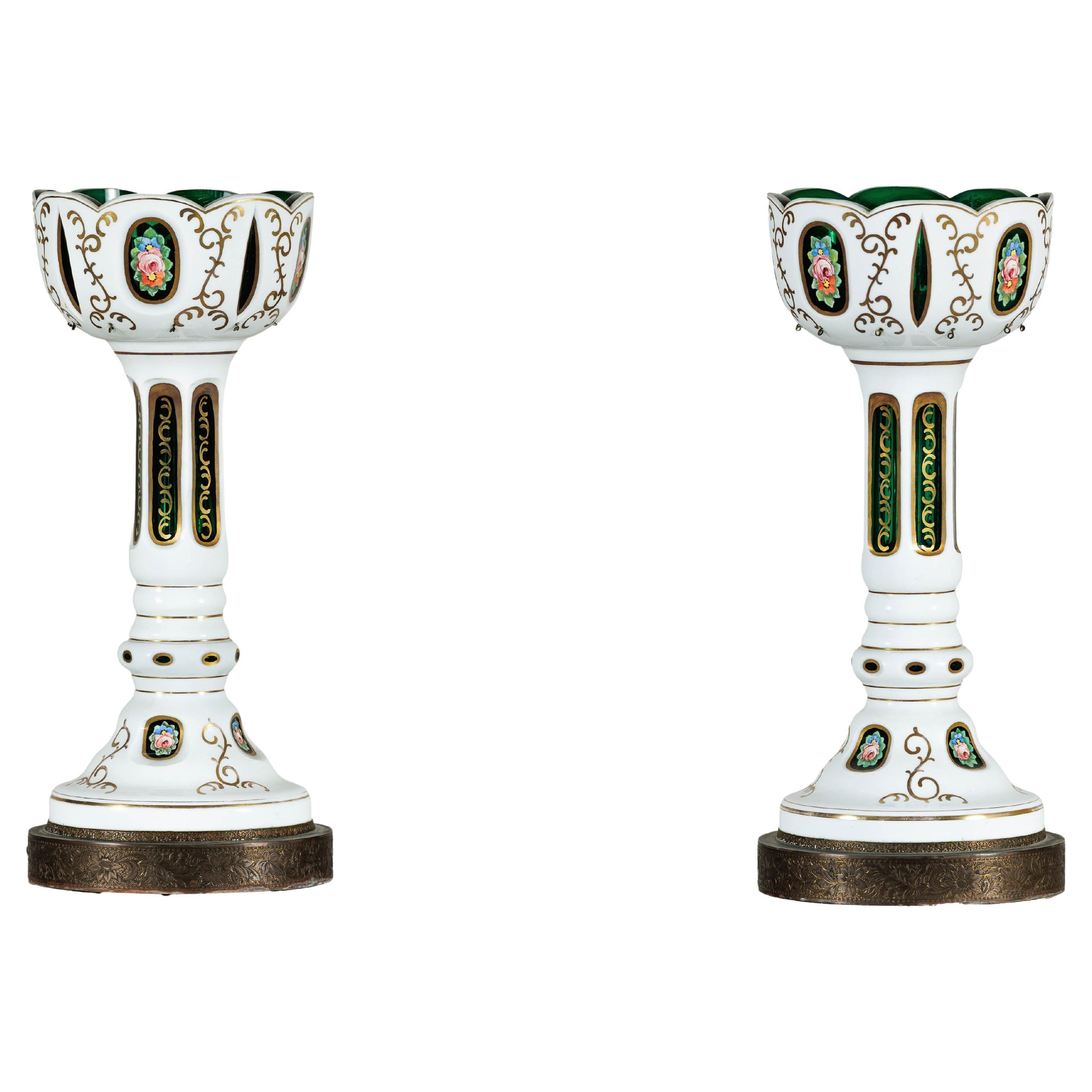 Pair of Czech Bohemian White Cased Glass Lamps with Green Cut-to-Clear Detailing