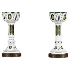 Pair of Czech Bohemian White Cased Glass Lamps with Green Cut-to-Clear Detailing
