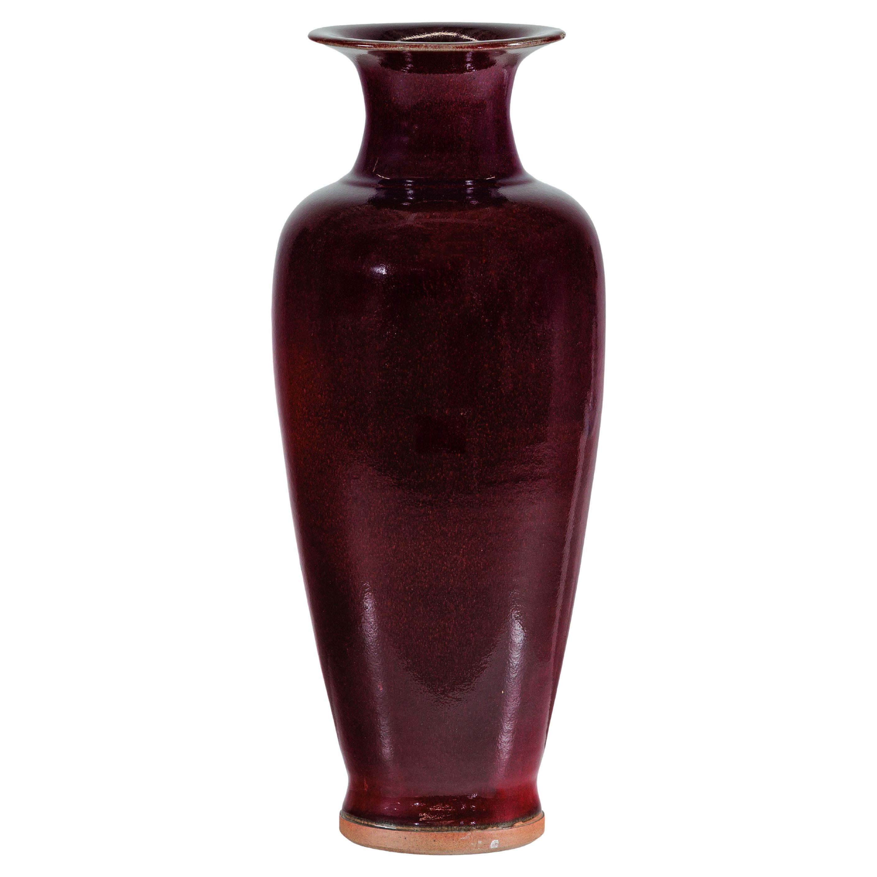 Tall Stoneware Vase with Deep Oxblood Flambé Glaze For Sale