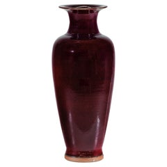Tall Stoneware Vase with Deep Oxblood Flambé Glaze