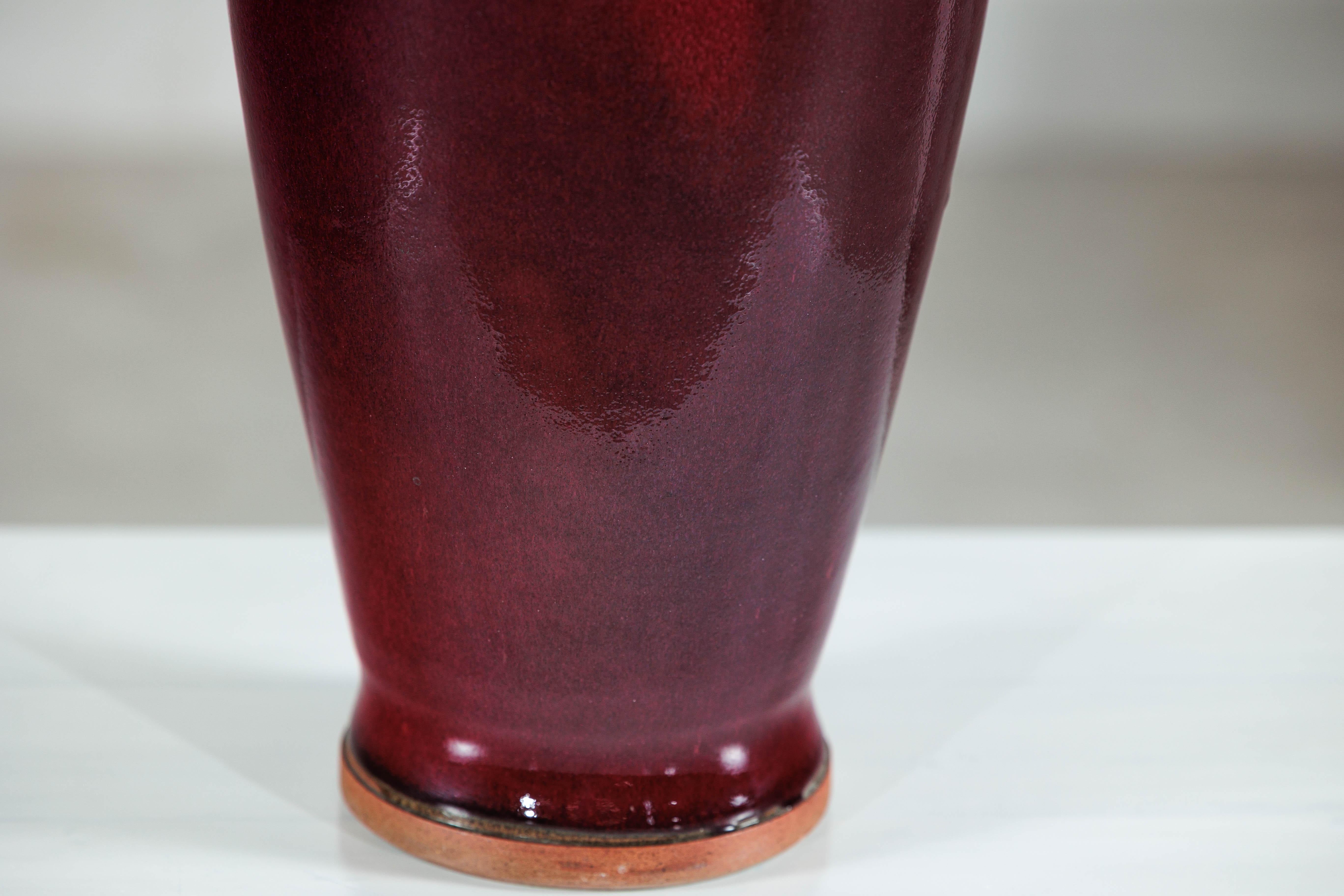 Tall Stoneware Vase with Deep Oxblood Flambé Glaze For Sale 1