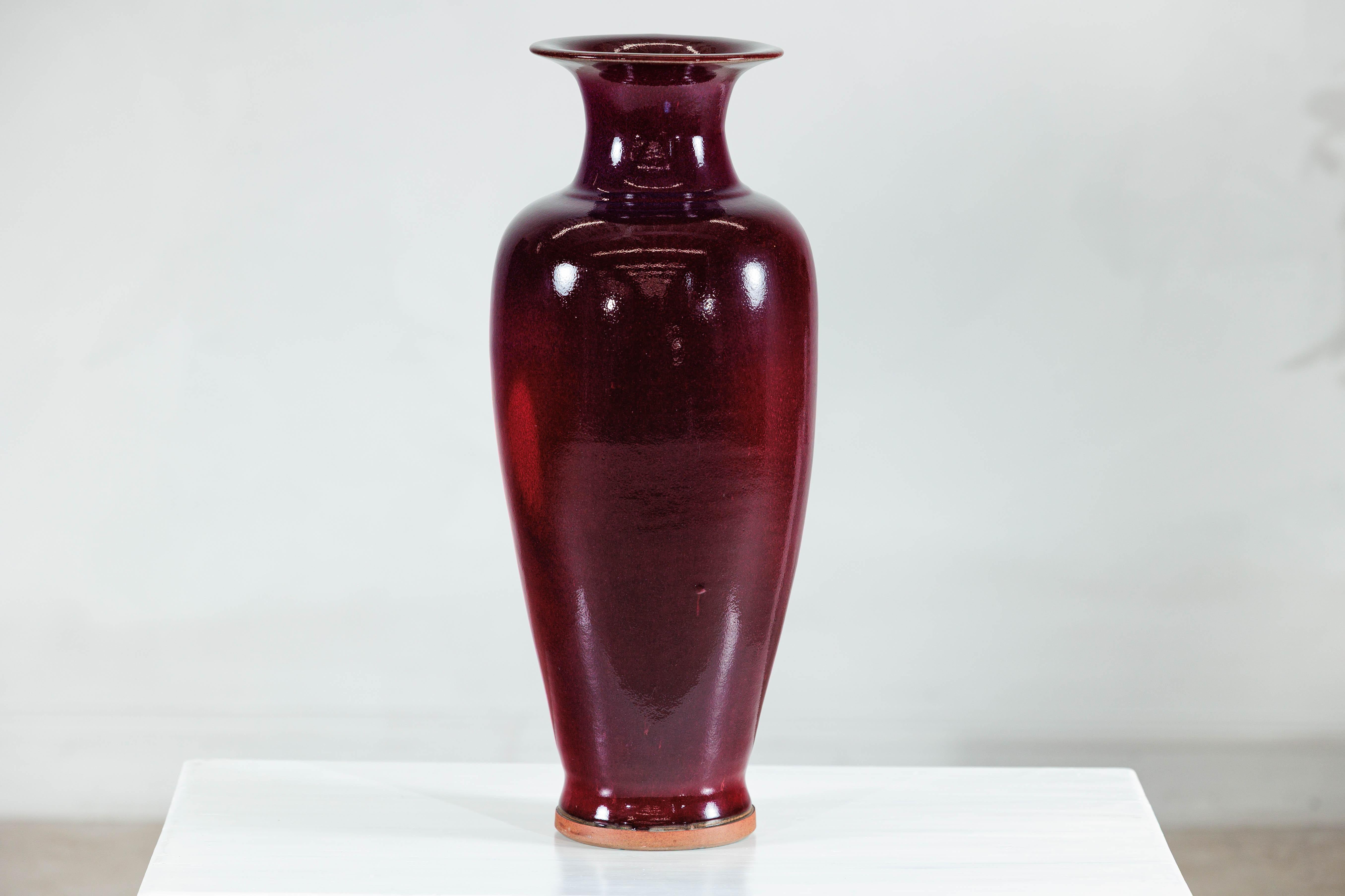 Tall Stoneware Vase with Deep Oxblood Flambé Glaze For Sale 6