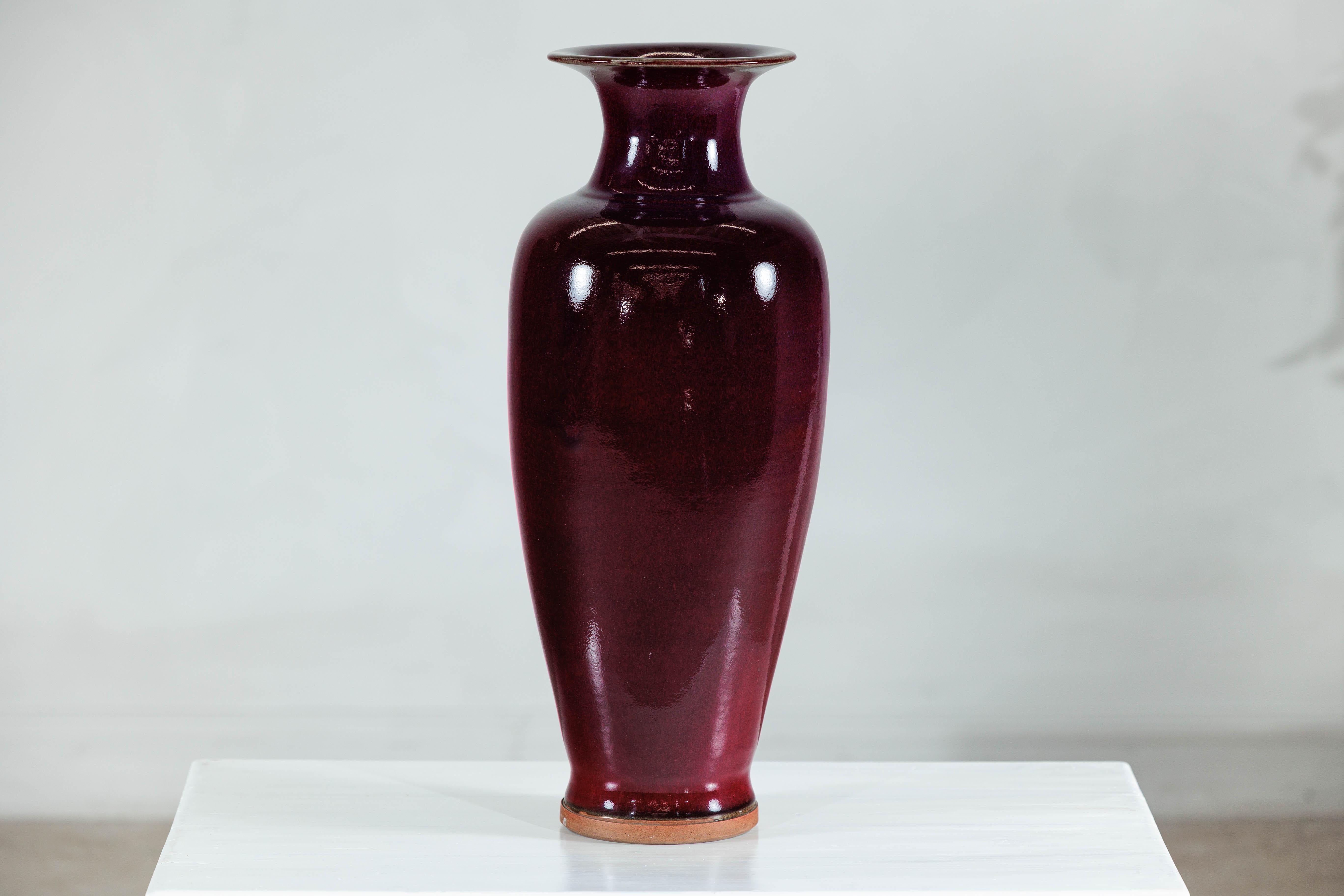 Tall Stoneware Vase with Deep Oxblood Flambé Glaze For Sale 3