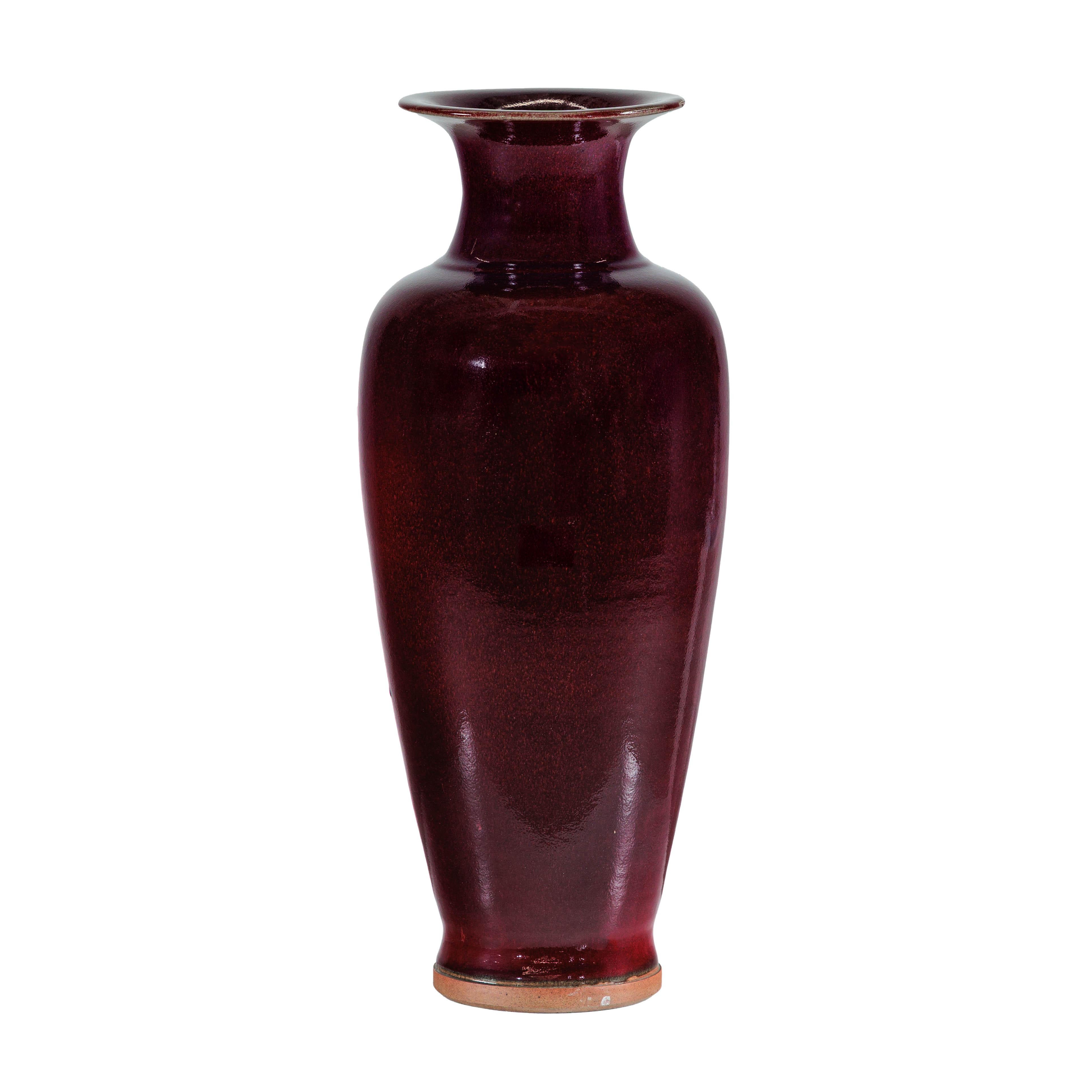 Tall Stoneware Vase with Deep Oxblood Flambé Glaze For Sale 10
