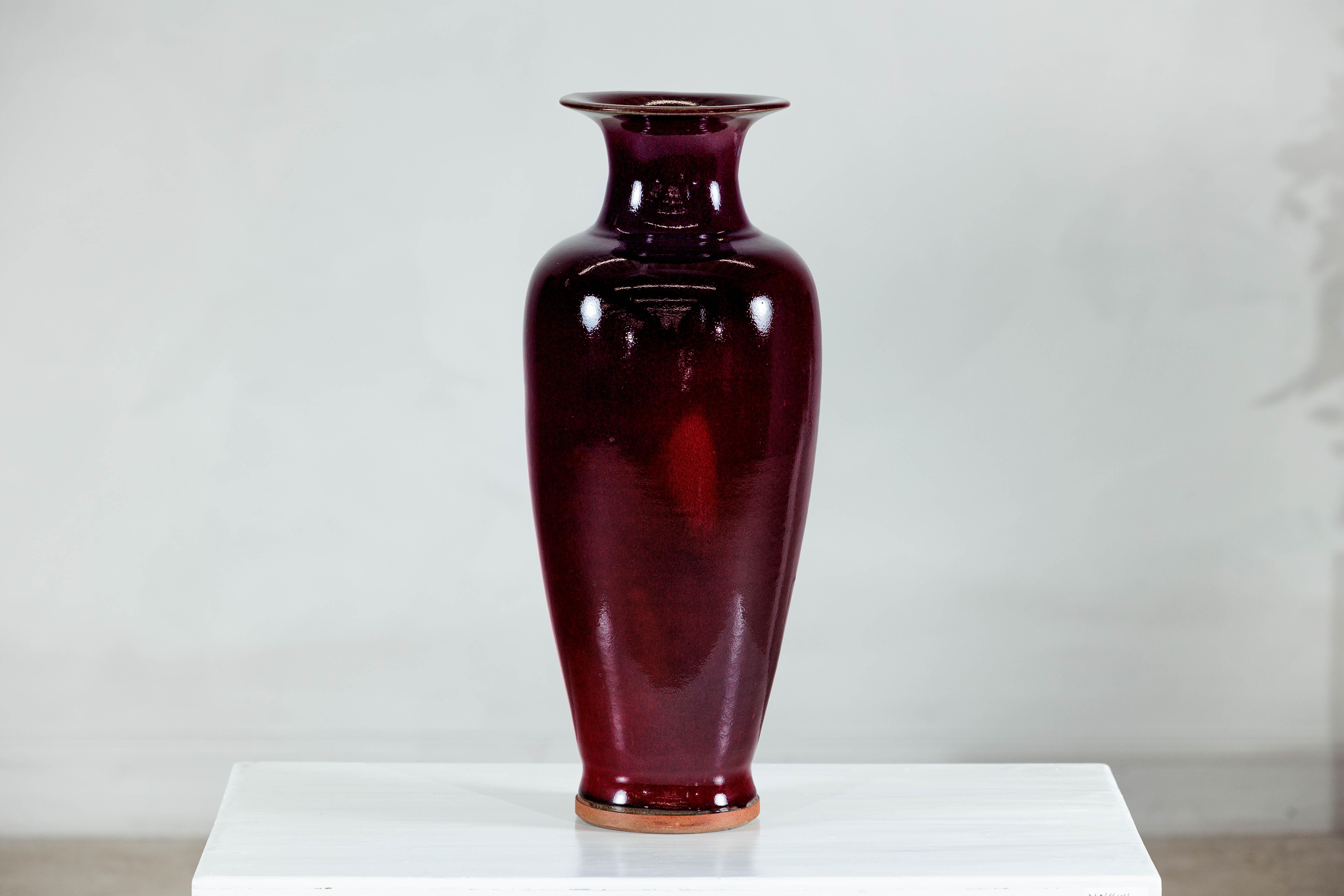 Tall Stoneware Vase with Deep Oxblood Flambé Glaze For Sale 9