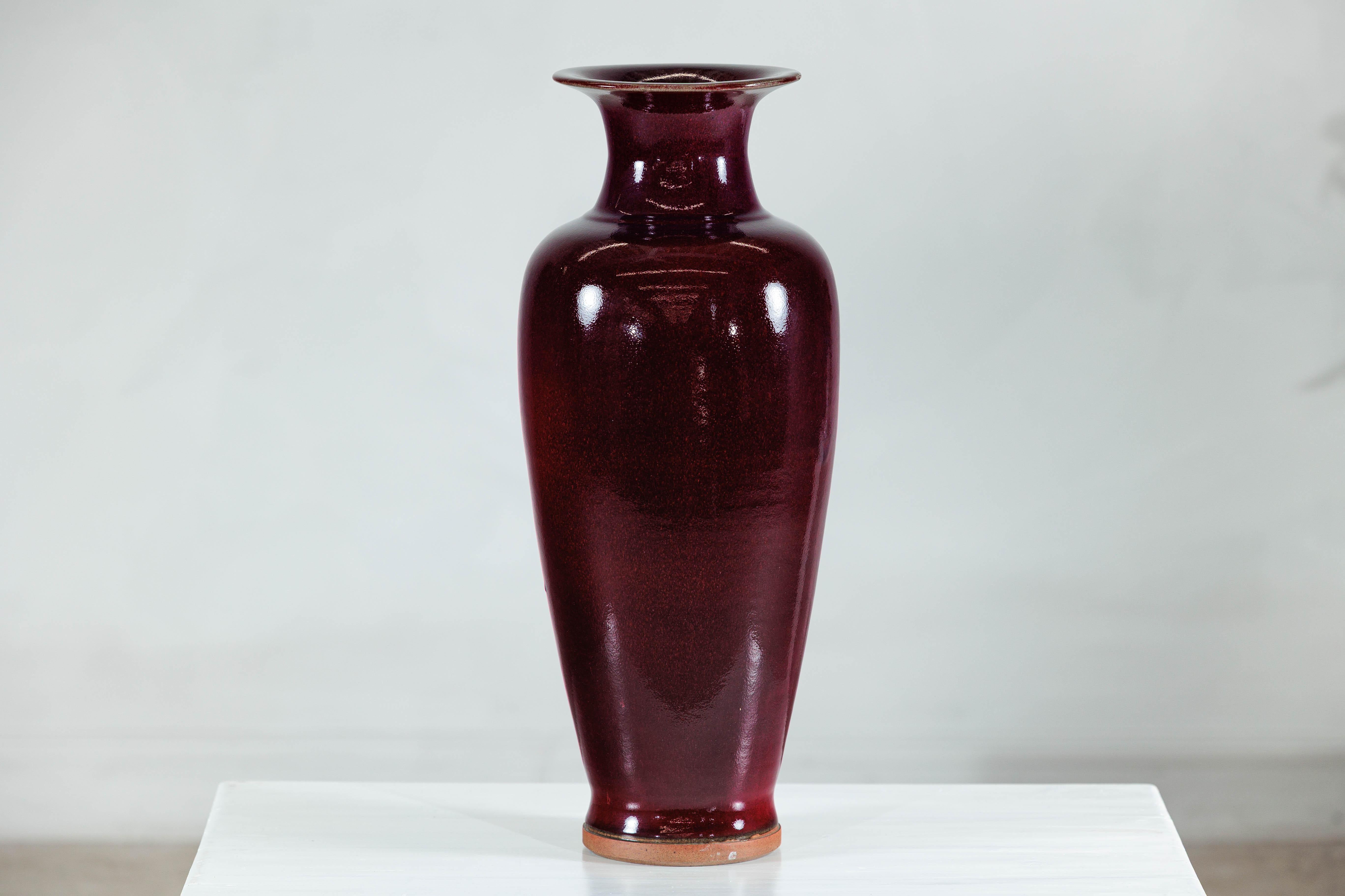 Tall Stoneware Vase with Deep Oxblood Flambé Glaze For Sale 4