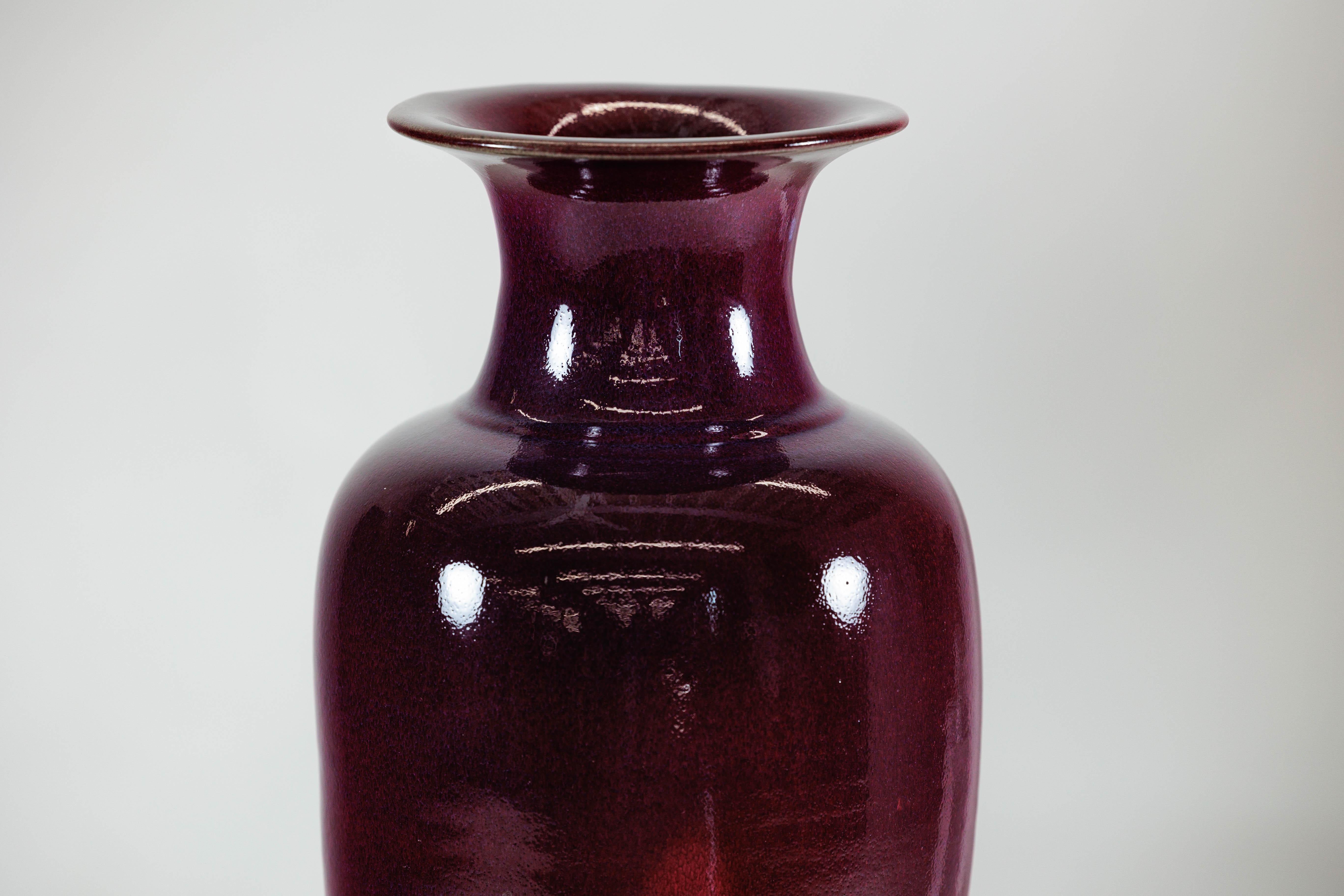 Tall Stoneware Vase with Deep Oxblood Flambé Glaze For Sale 2