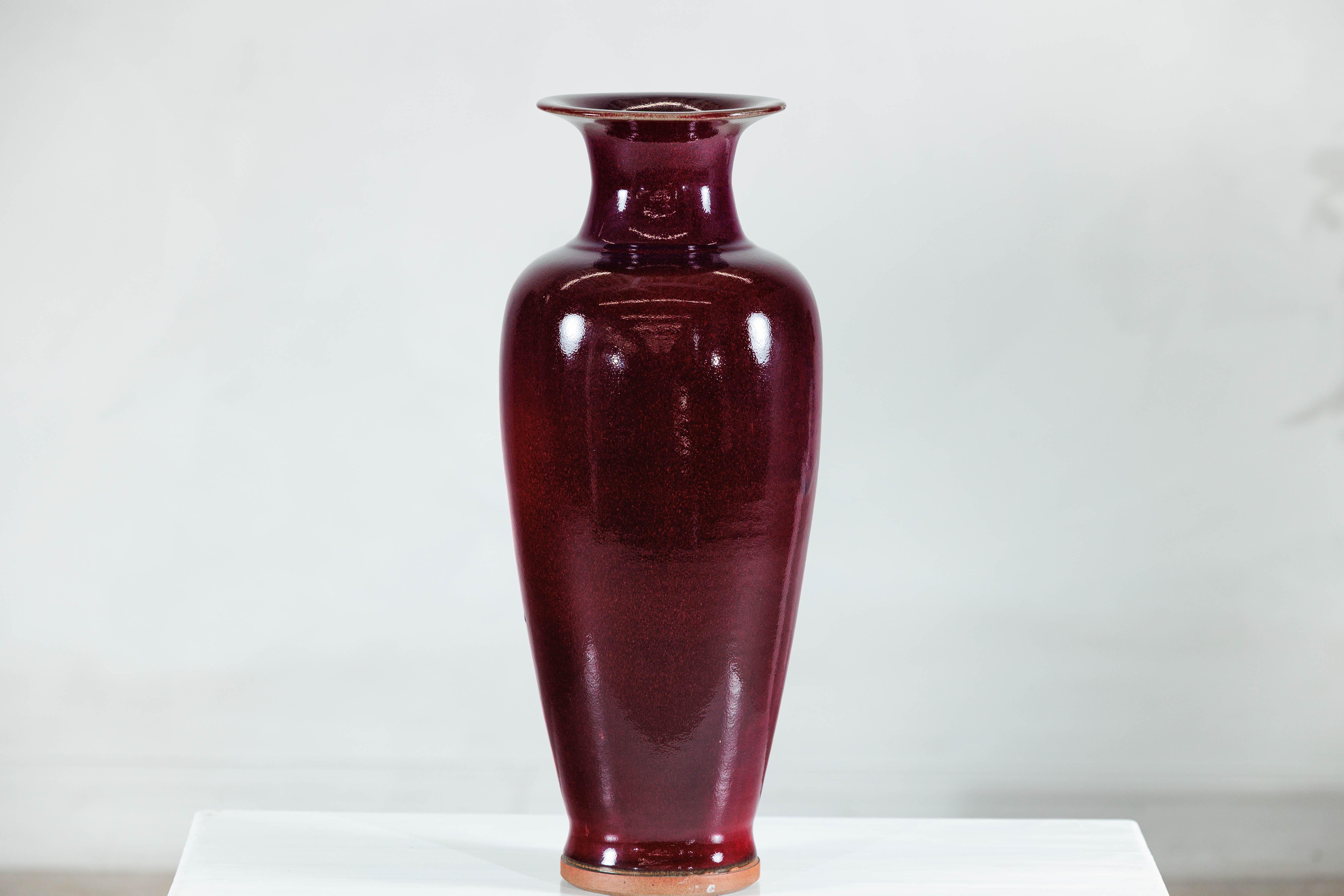 Tall Stoneware Vase with Deep Oxblood Flambé Glaze For Sale 5