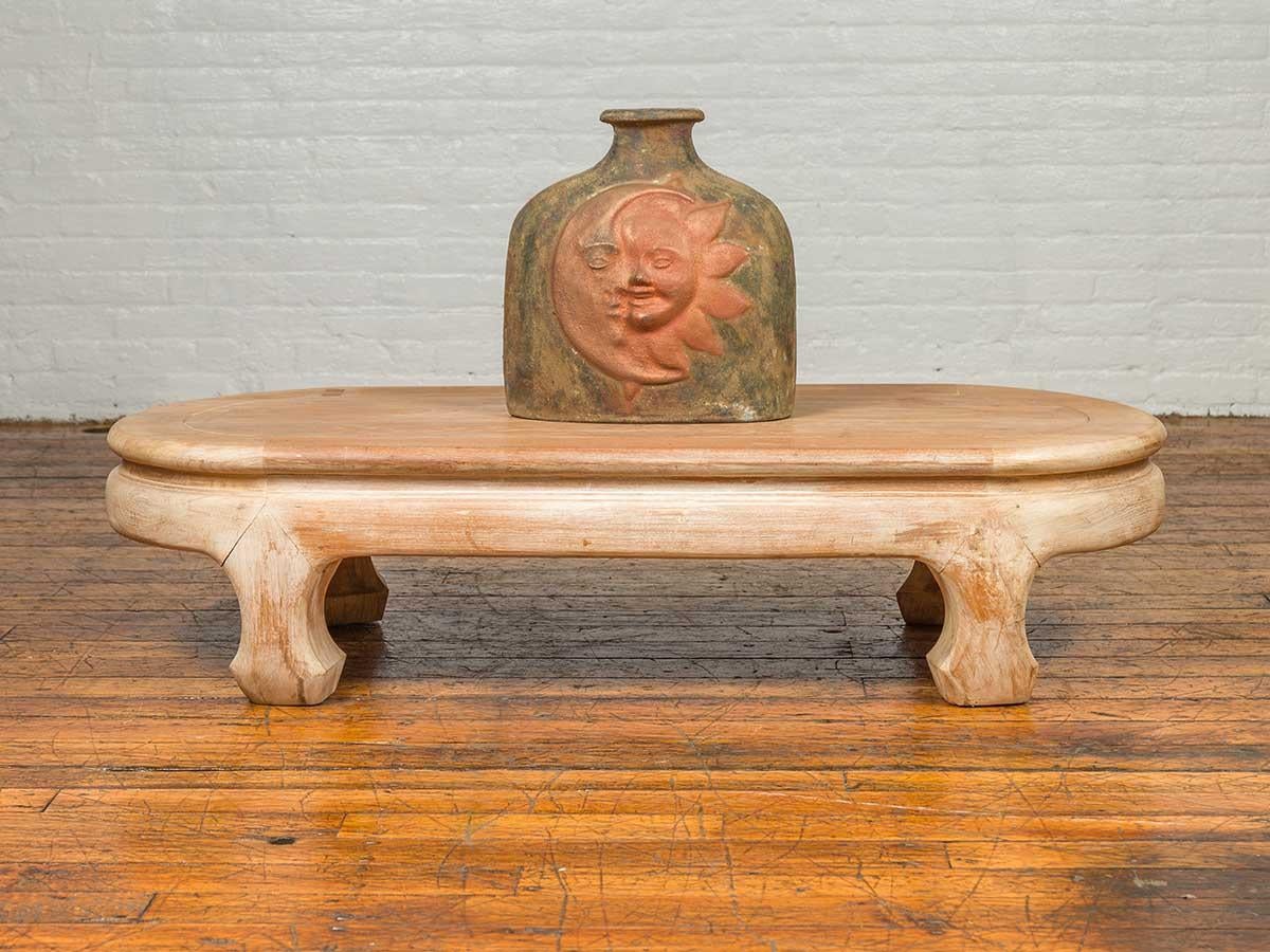 Vintage Thai Teak Oval Top Coffee Table with Whitewash Finish and Chow Legs For Sale 1