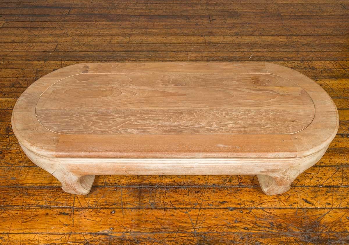 Mid-Century Modern Vintage Thai Teak Oval Top Coffee Table with Whitewash Finish and Chow Legs For Sale