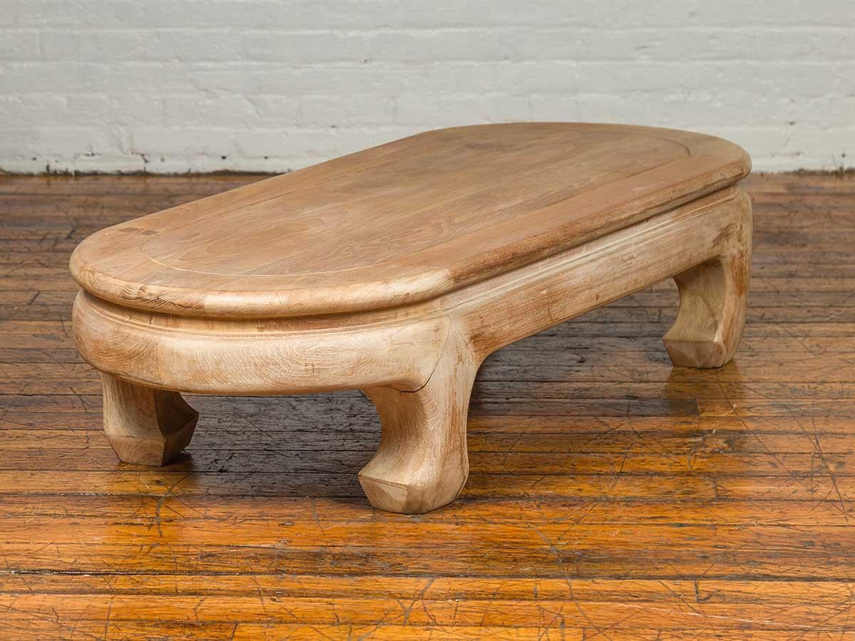 Vintage Thai Teak Oval Top Coffee Table with Whitewash Finish and Chow Legs For Sale 2