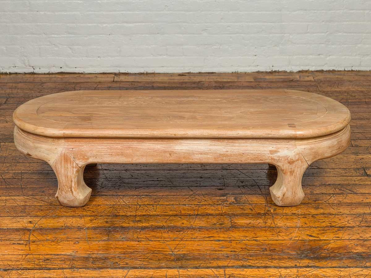 Vintage Thai Teak Oval Top Coffee Table with Whitewash Finish and Chow Legs For Sale 4