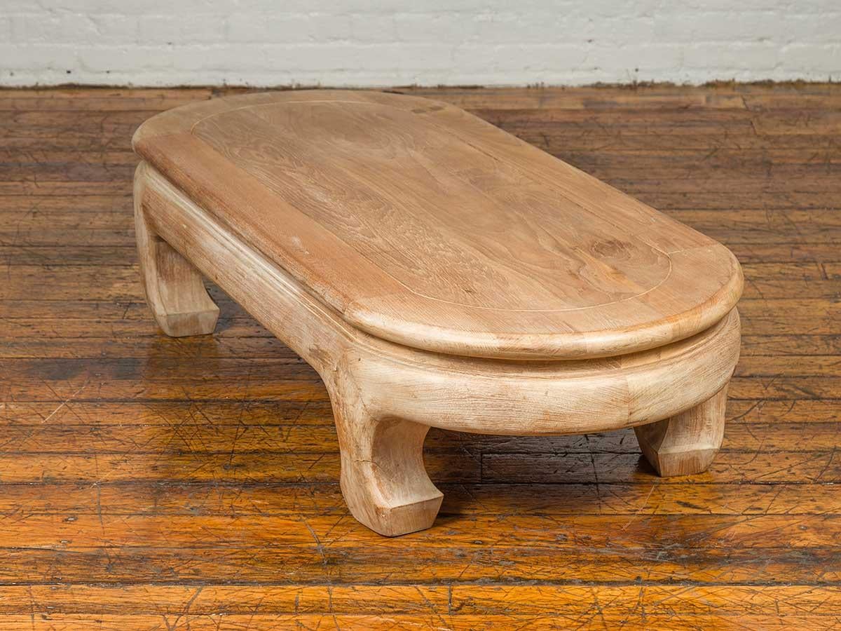 Vintage Thai Teak Oval Top Coffee Table with Whitewash Finish and Chow Legs For Sale 6