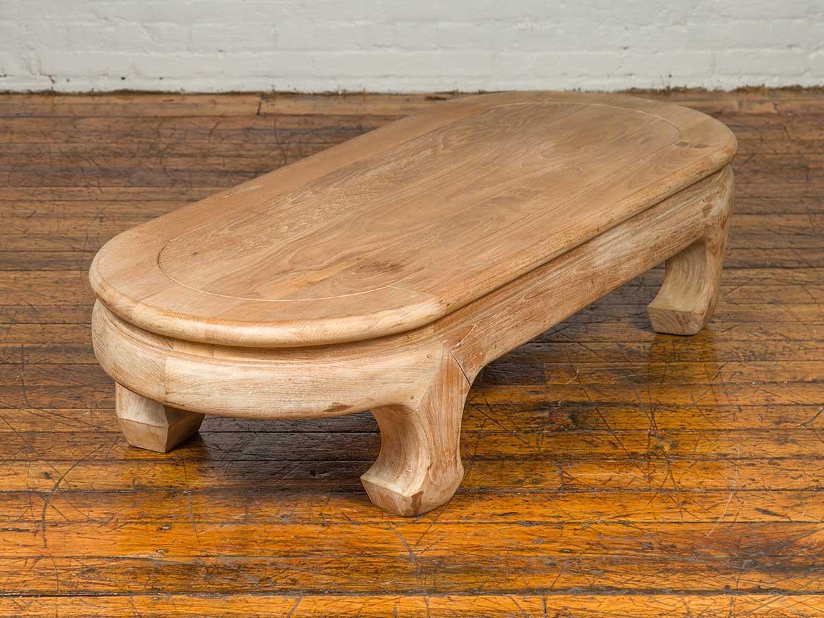 Vintage Thai Teak Oval Top Coffee Table with Whitewash Finish and Chow Legs For Sale 5