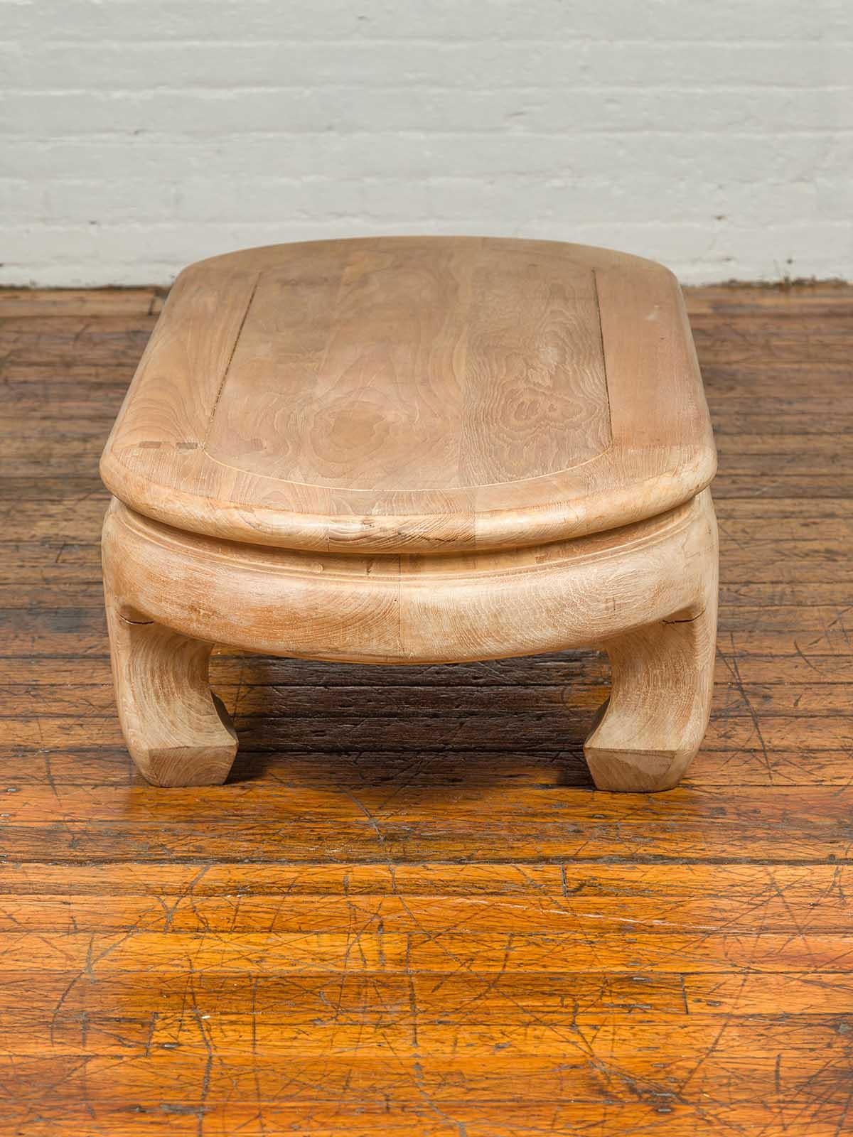 Vintage Thai Teak Oval Top Coffee Table with Whitewash Finish and Chow Legs For Sale 3