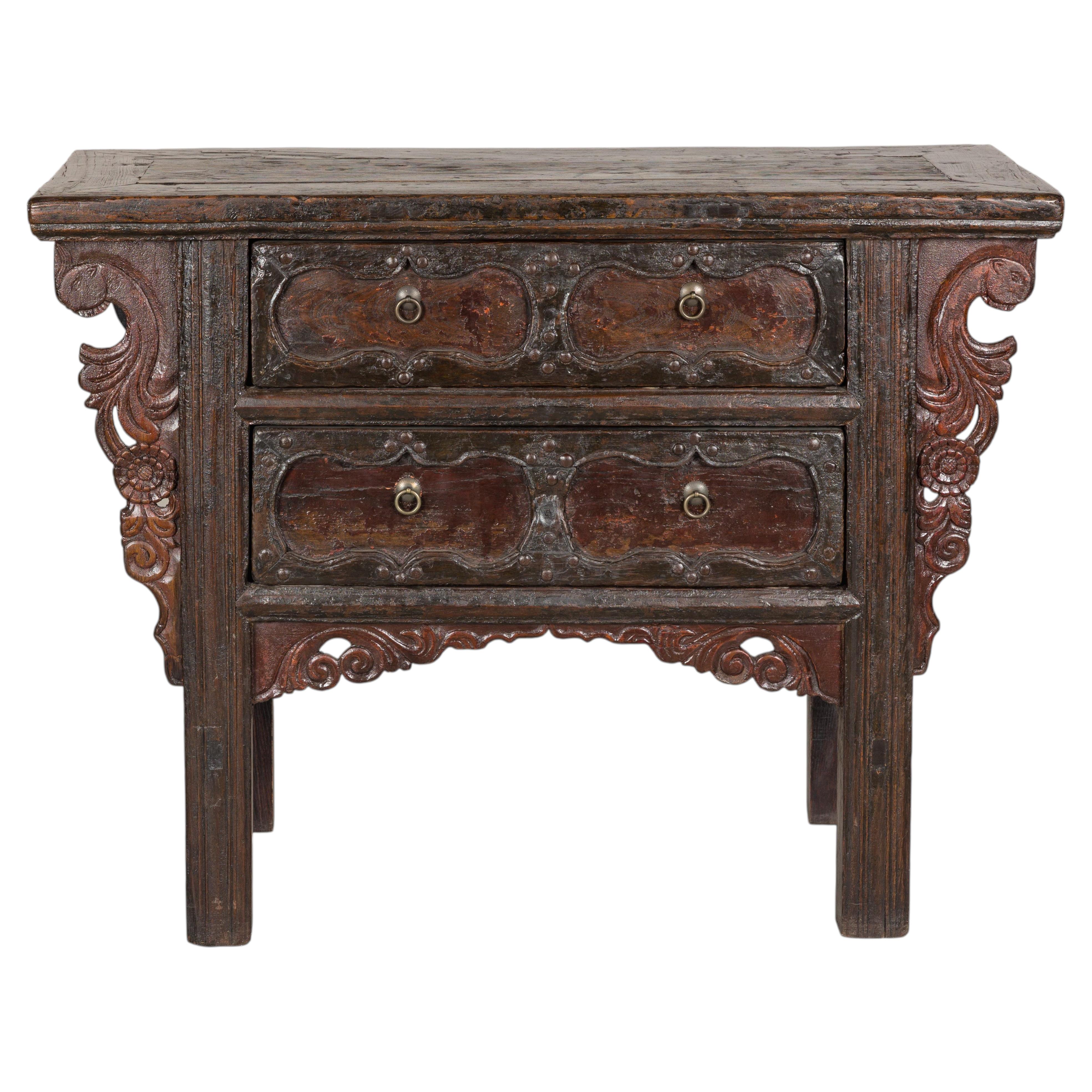 Rustic Chinese Qing Dynasty Carved Cabinet with Floral Carvings For Sale